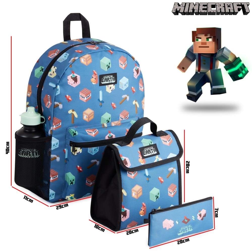 Minecraft Backpack Kids School Bag Set with Lunch Bag and Pencil Case (Blue) - Image 7