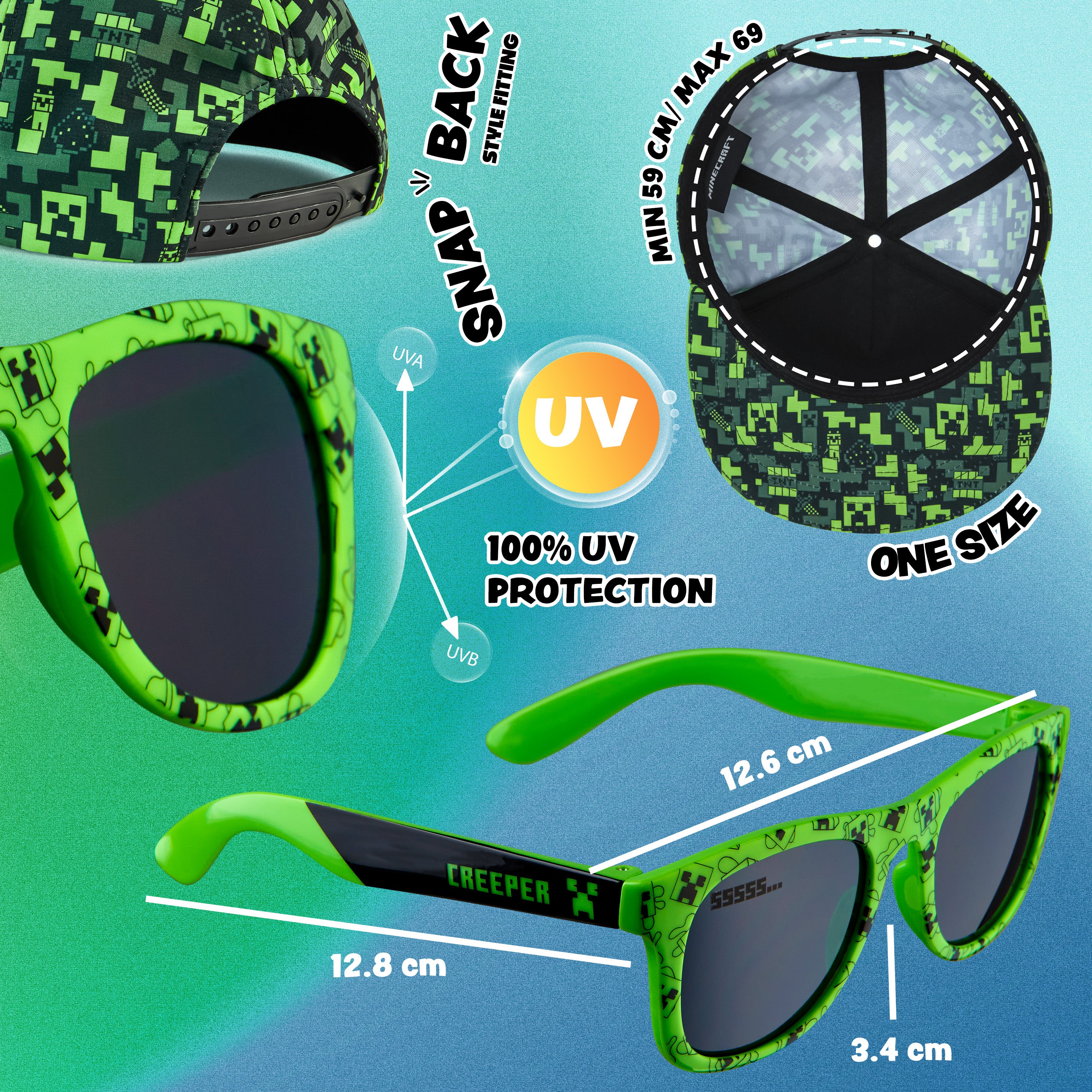 Minecraft Baseball Cap and Kids Sunglasses Set, Gamer Gifts (Black/Green) - Image 7