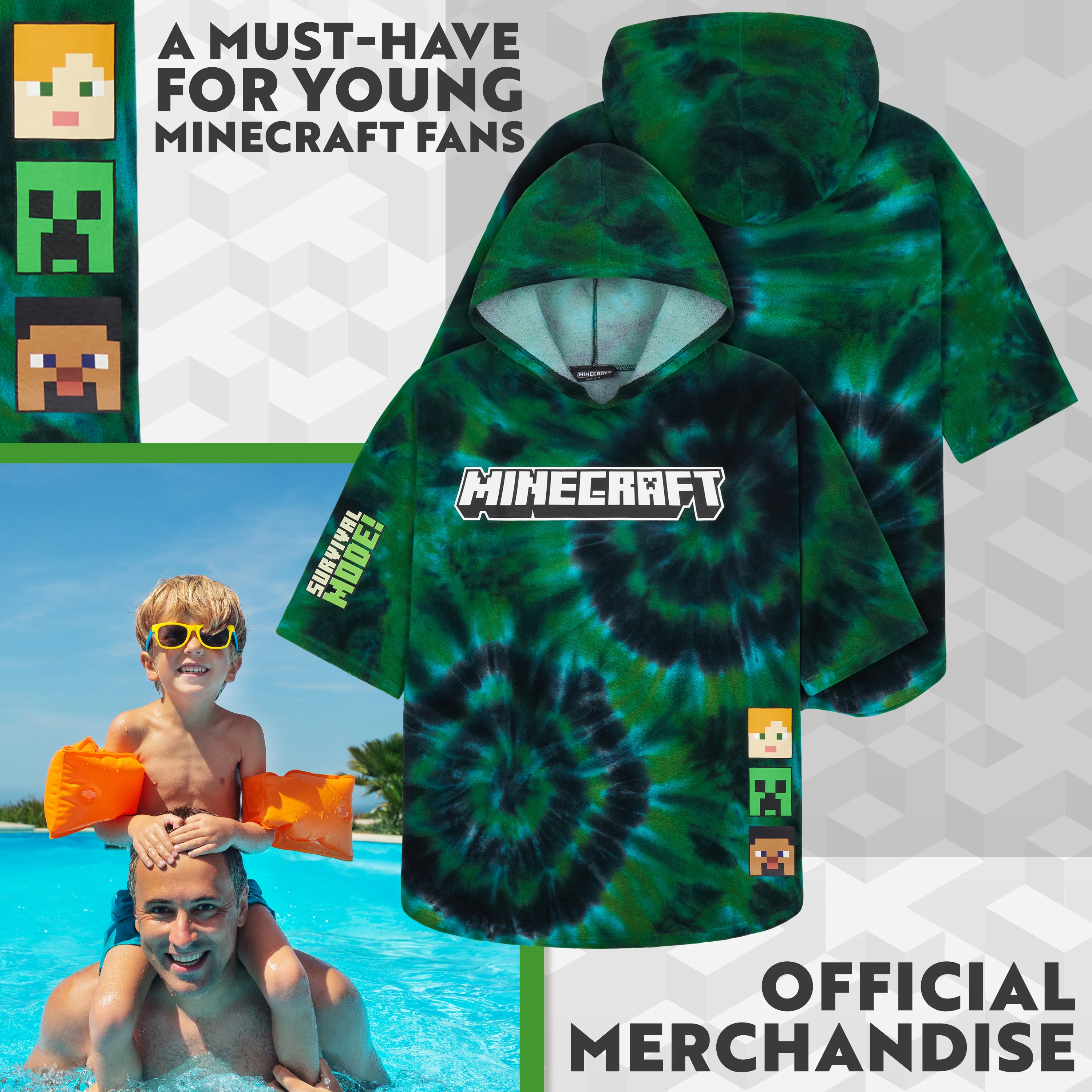 Minecraft Bath Towel with Hood for Kids and Teenagers Changing Robe Absorbent Creeper Poncho Towel for Swimming Bath Shower Beach Holiday Essentials (Multi Tie Dye, 6-9 Years) - Image 3