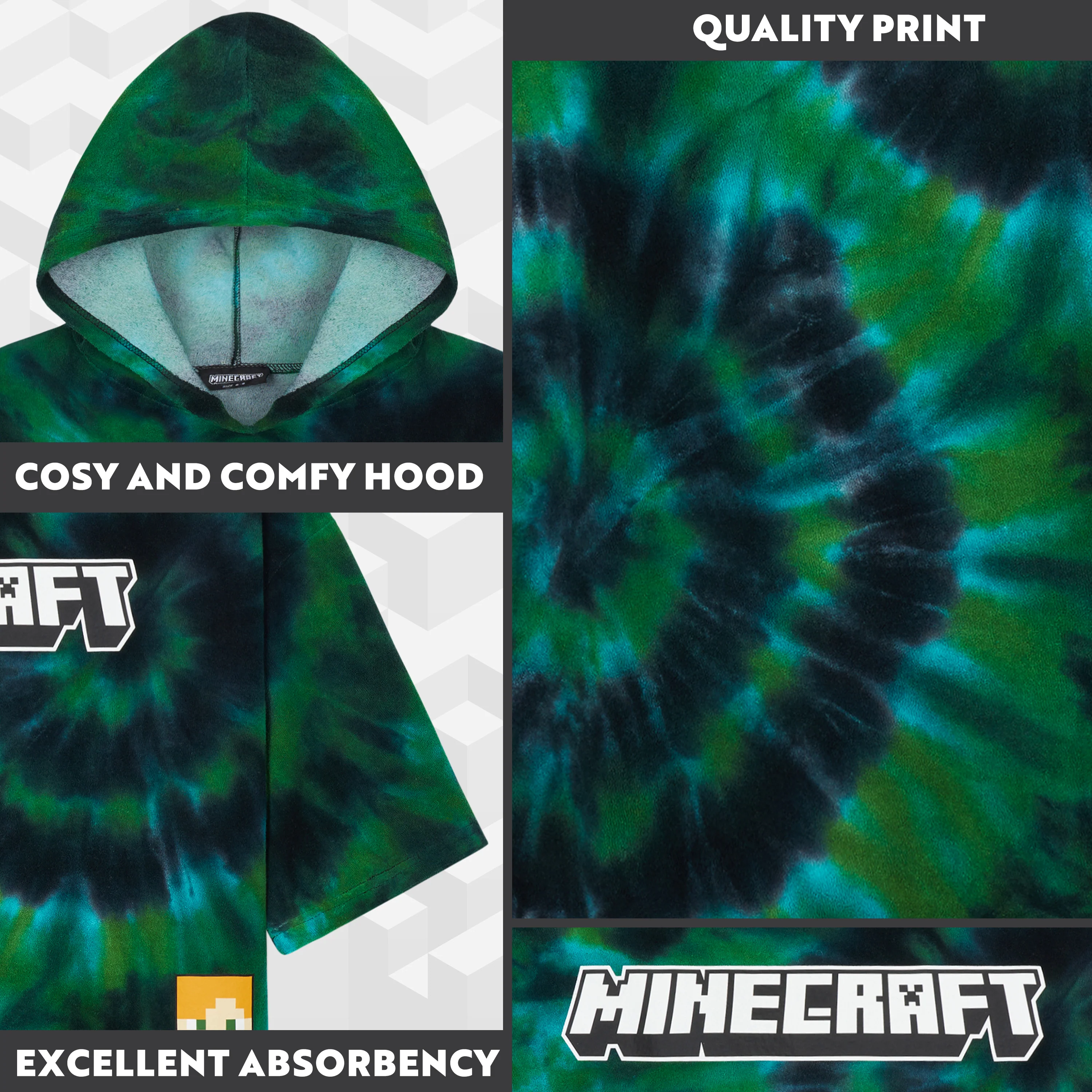 Minecraft Bath Towel with Hood for Kids and Teenagers Changing Robe Absorbent Creeper Poncho Towel for Swimming Bath Shower Beach Holiday Essentials (Multi Tie Dye, 6-9 Years) - Image 4