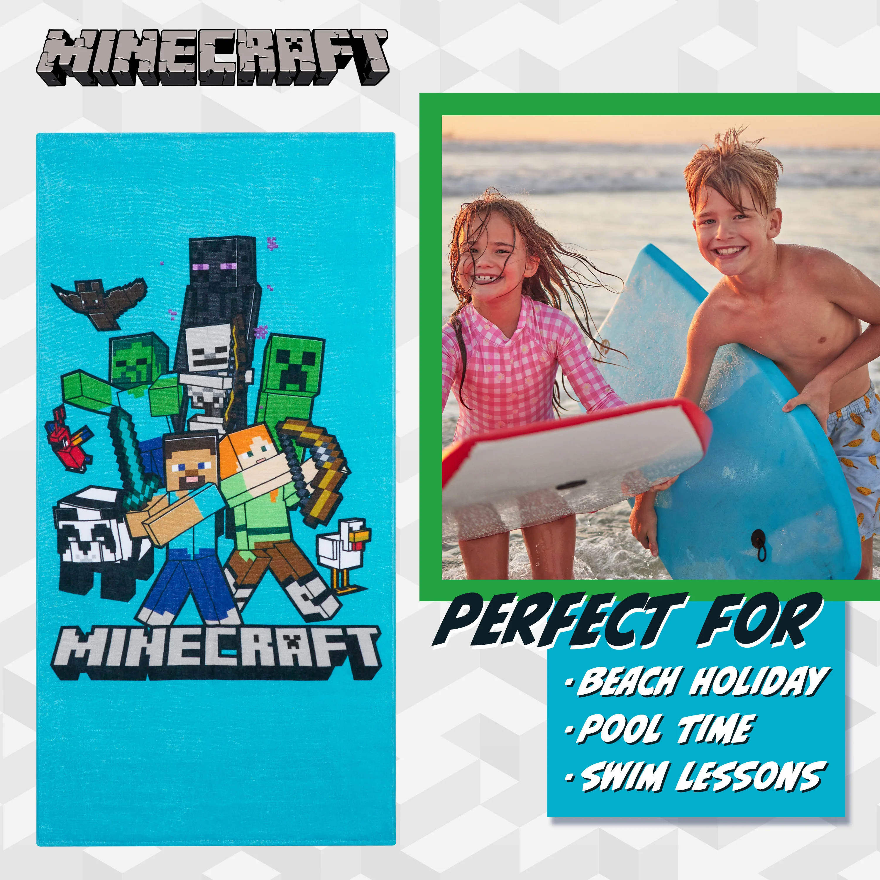 Minecraft Beach Towel for Kids, 100% Cotton Quick Dry Swimming Towel 70 x 140cm - Image 3
