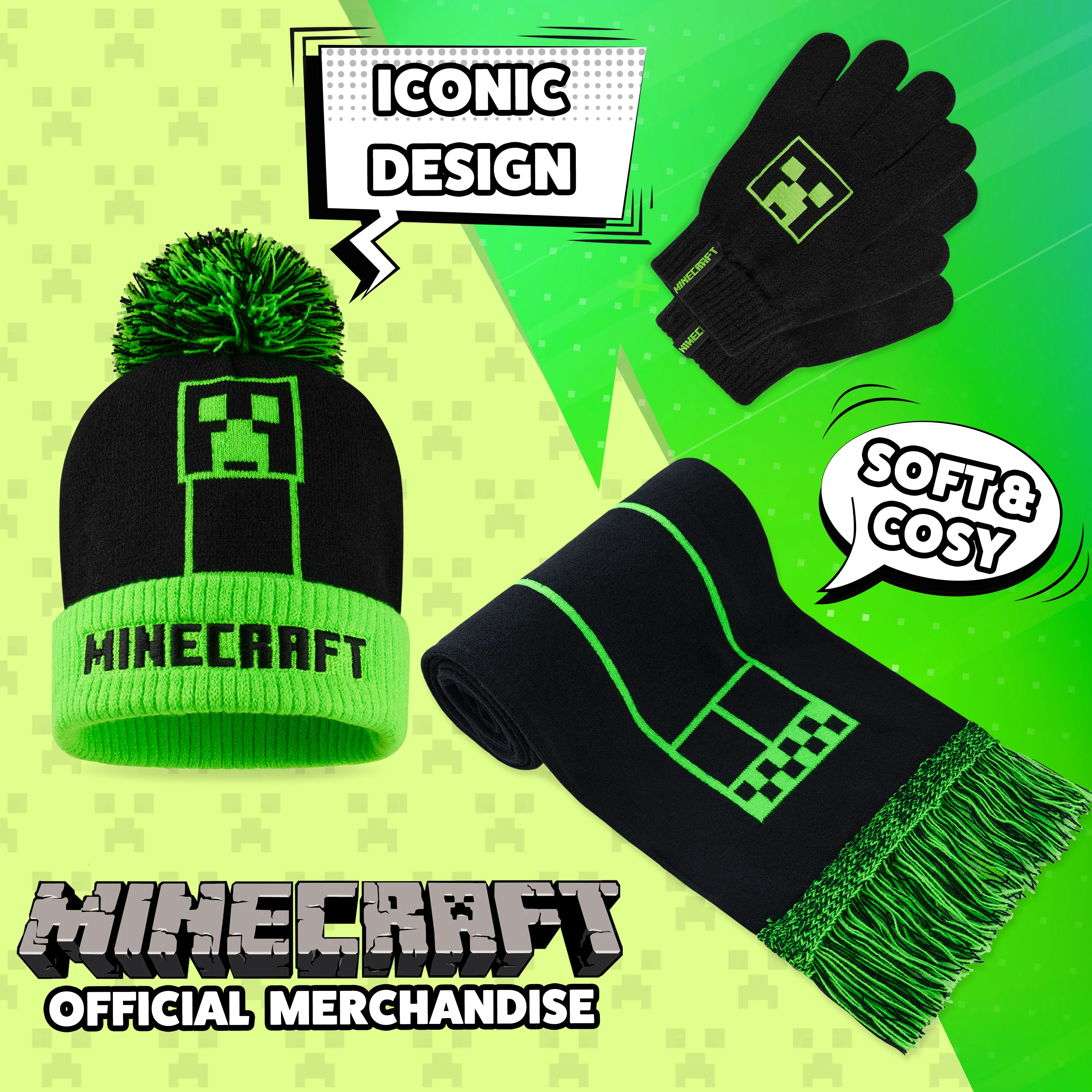 Minecraft Beanie Hat Scarf and Gloves Set for Boys and Girls - Image 3