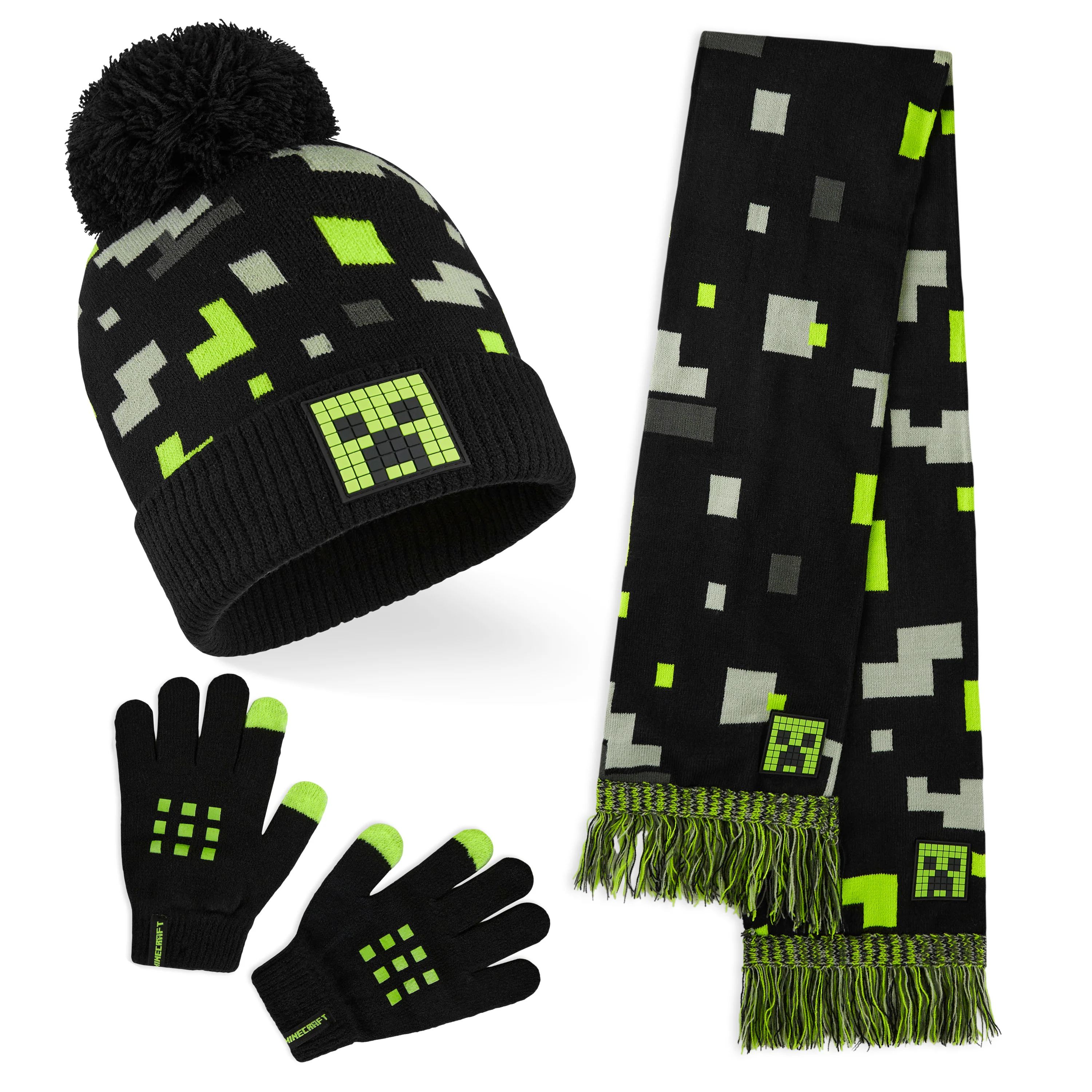 Minecraft Beanie Hat Scarf and Gloves Set for Boys and Girls - Black & Green