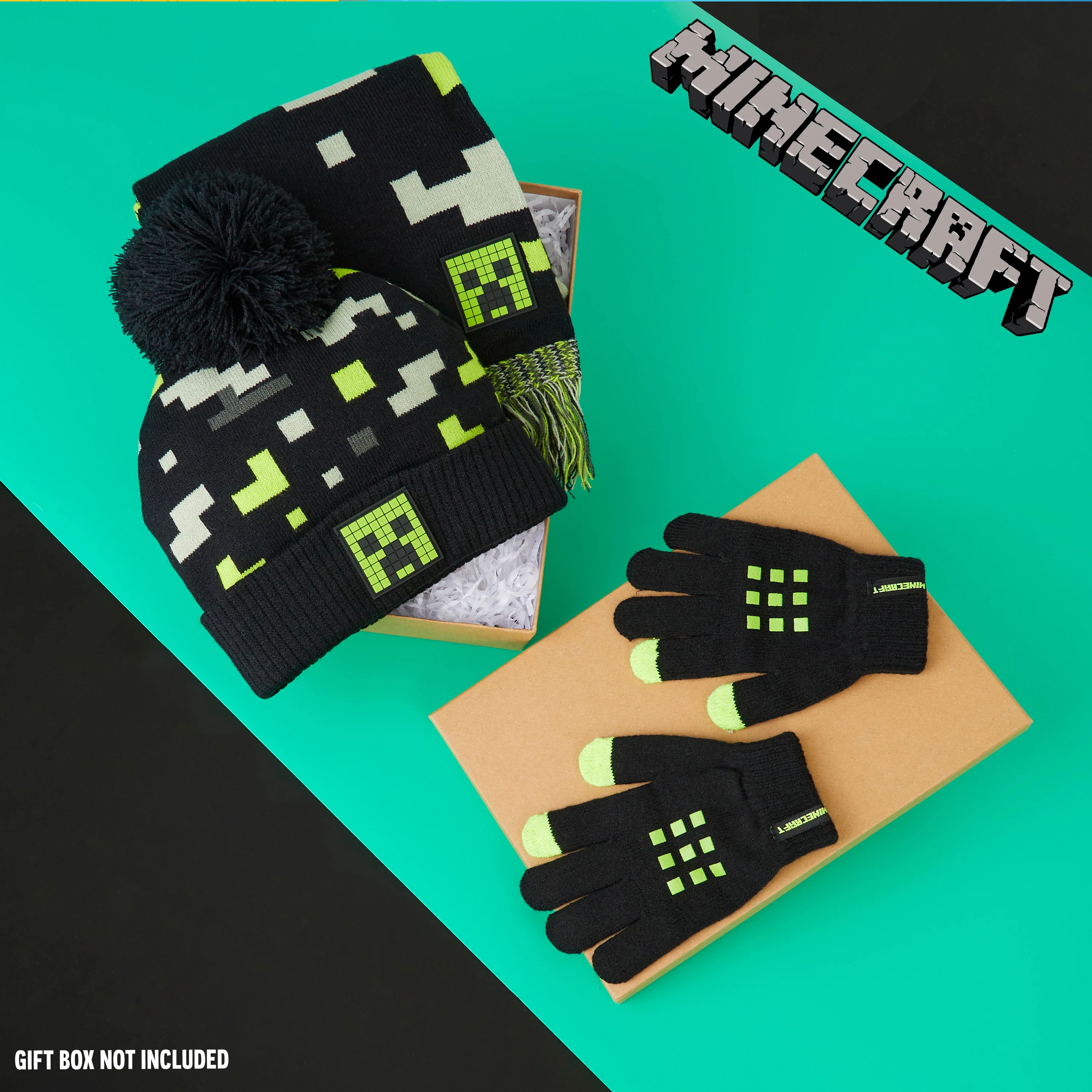 Minecraft Beanie Hat Scarf and Gloves Set for Boys and Girls - Black & Green - Image 2
