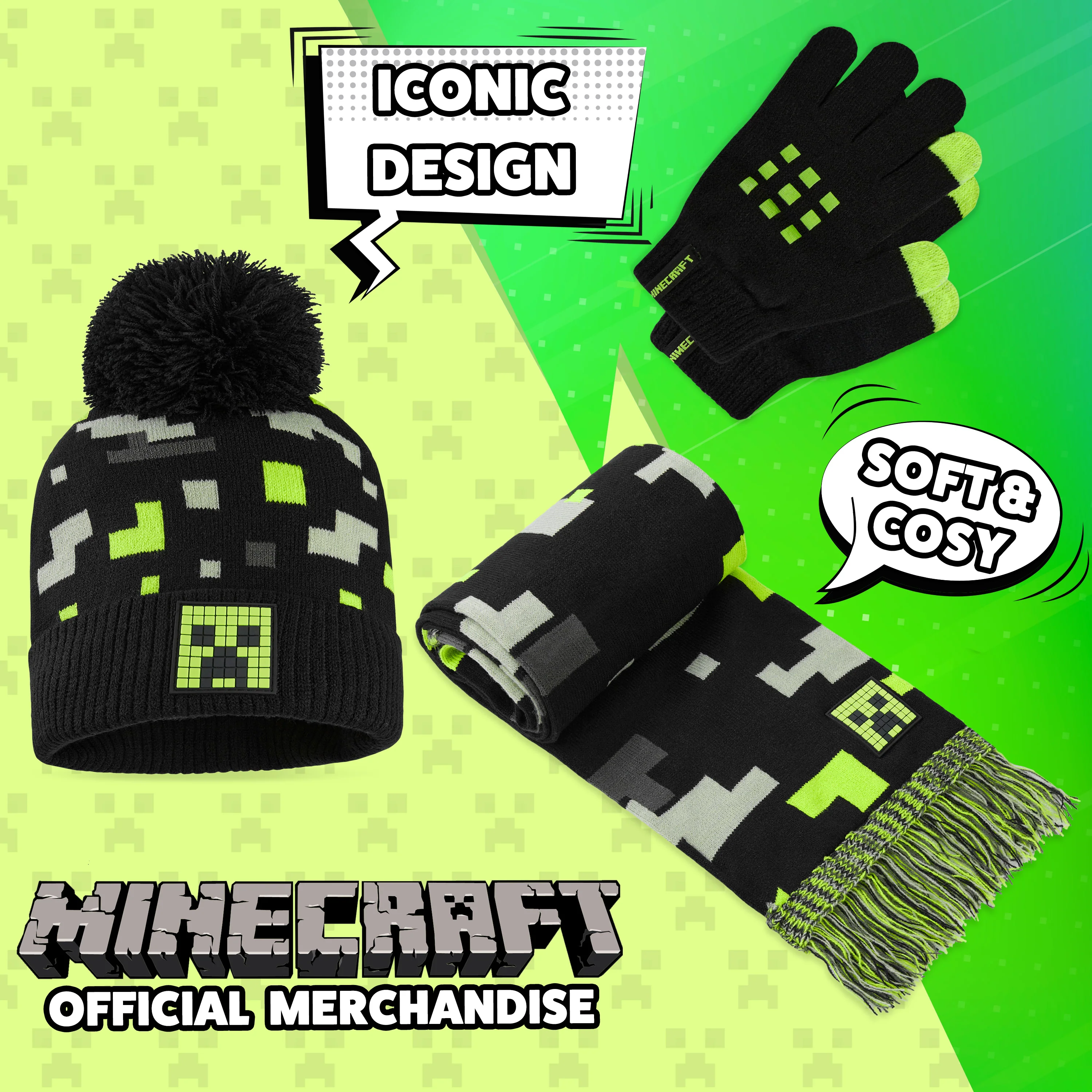 Minecraft Beanie Hat Scarf and Gloves Set for Boys and Girls - Black & Green - Image 3