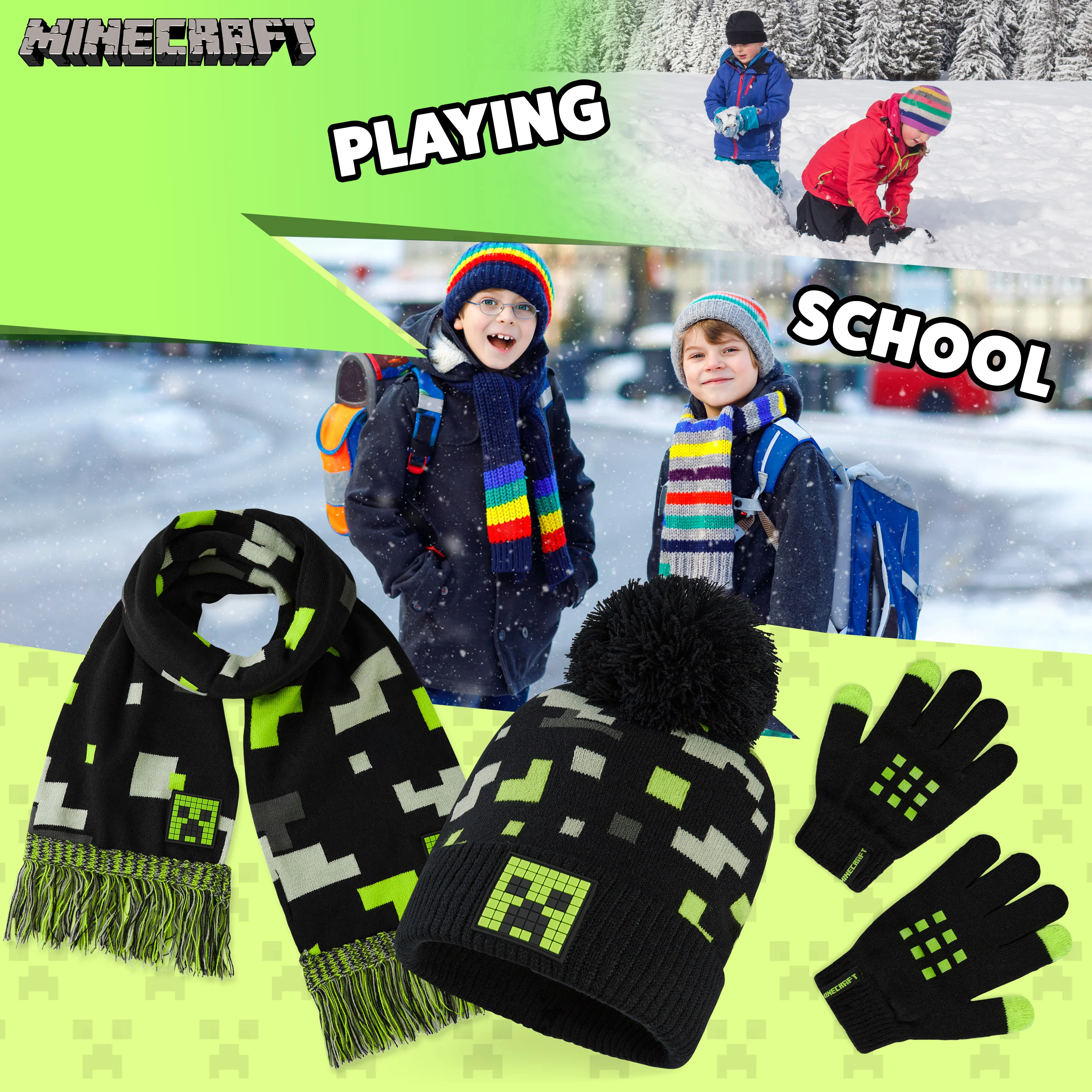 Minecraft Beanie Hat Scarf and Gloves Set for Boys and Girls - Black & Green - Image 4
