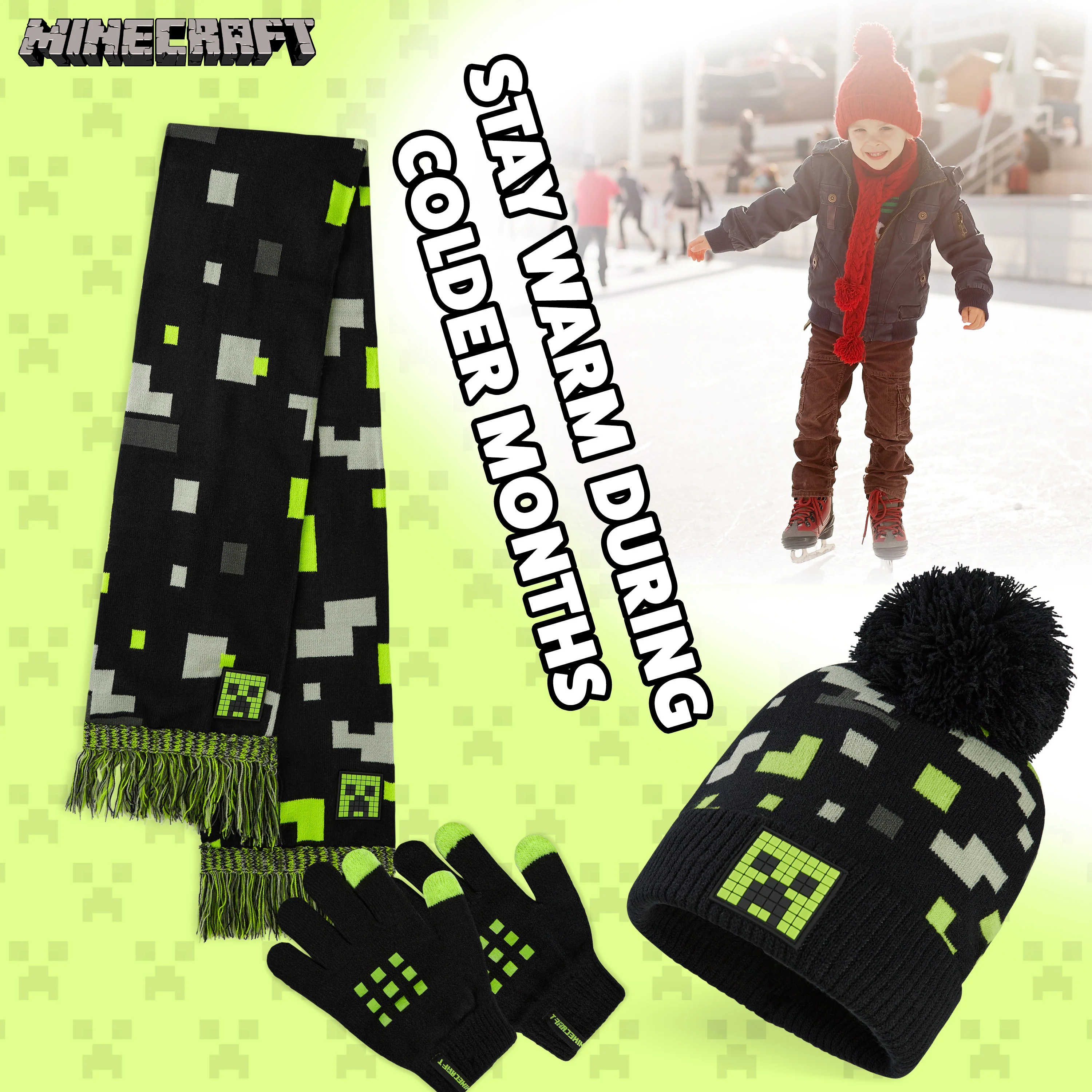 Minecraft Beanie Hat Scarf and Gloves Set for Boys and Girls - Black & Green - Image 5