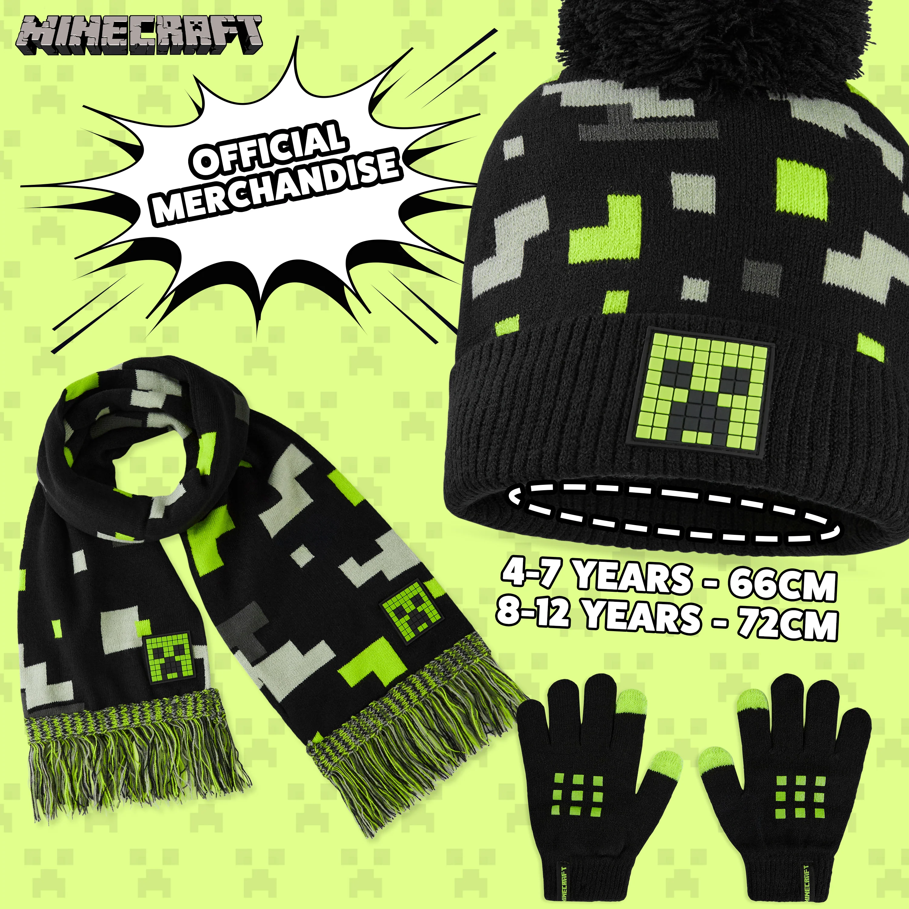Minecraft Beanie Hat Scarf and Gloves Set for Boys and Girls - Black & Green - Image 6