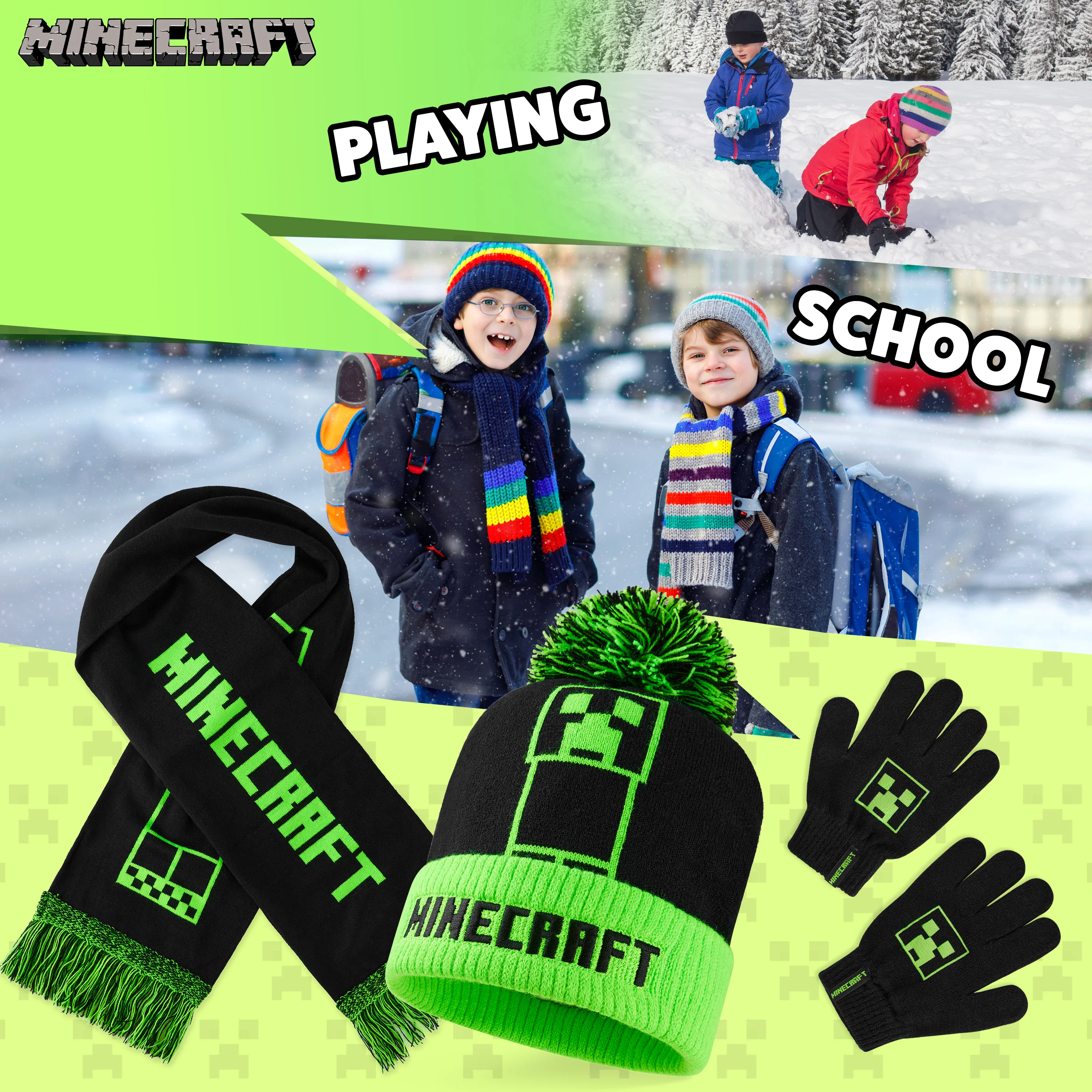 Minecraft Beanie Winter Accessories Set Boys Teens, 3pcs Hat Scarf Gloves, Warm Knit - Image 4