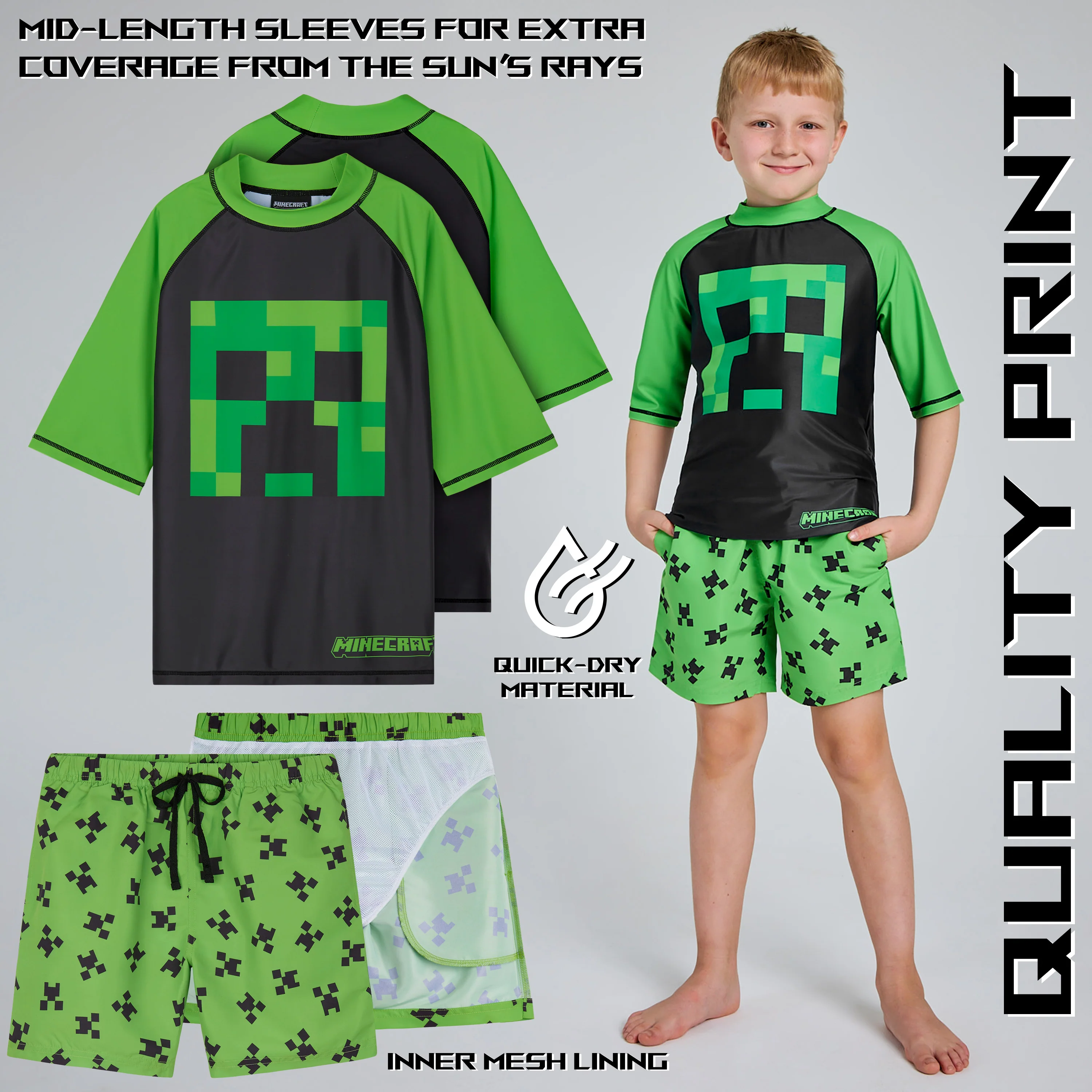 Minecraft Boys 2 Piece Swimwear Set, Swimming Top and Boys Swim Trunks - Green/Black - Image 3