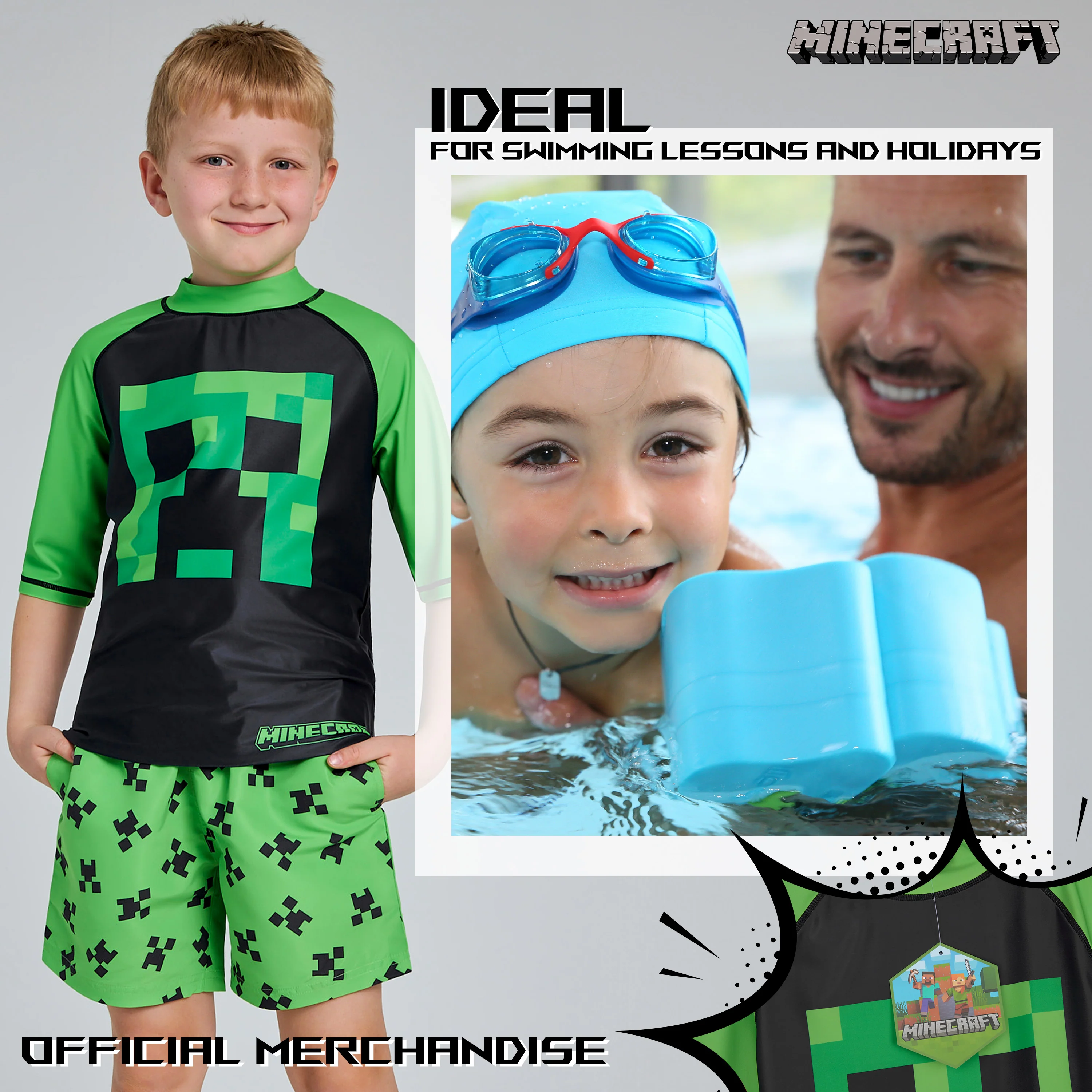 Minecraft Boys 2 Piece Swimwear Set, Swimming Top and Boys Swim Trunks - Green/Black - Image 4