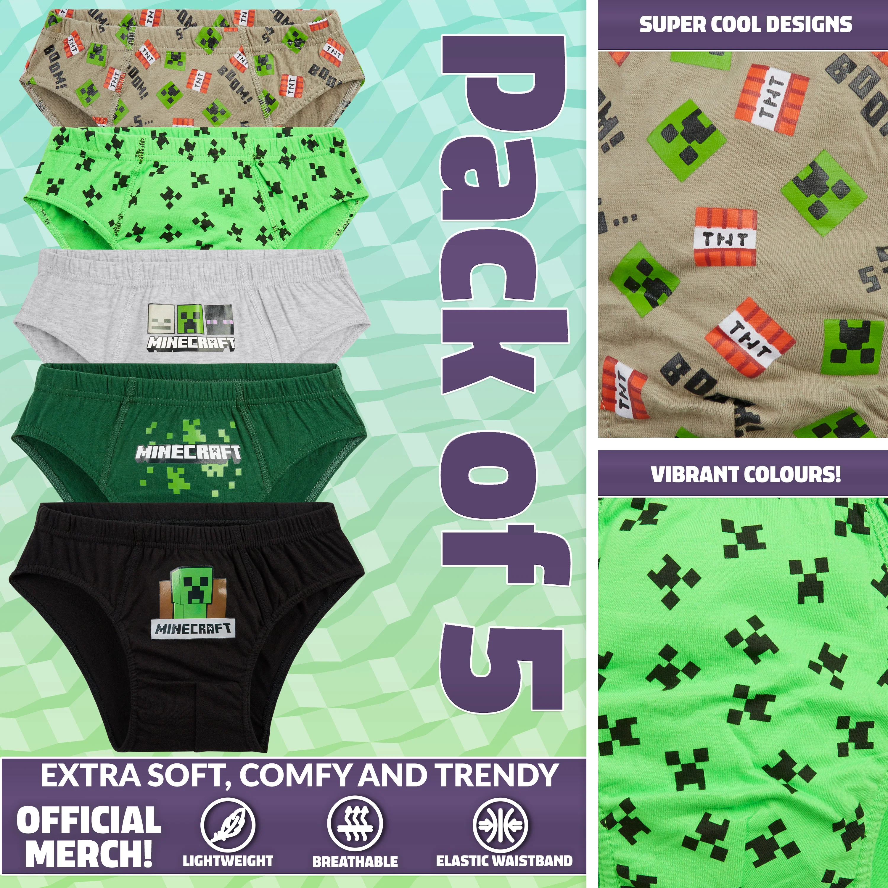 Minecraft Boys Briefs, Soft Breathable Stretchy Pants Pack of 5 Cotton Boys Underwear - Image 3