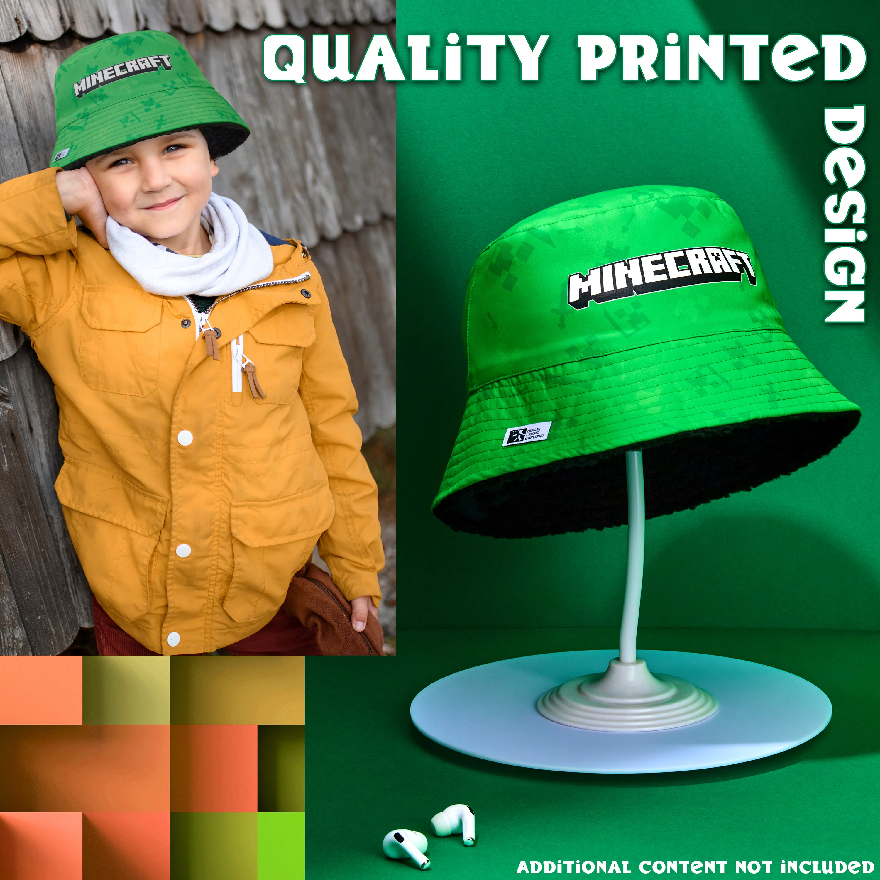Minecraft Boys Bucket Hat with Fleece Lining - Creeper Gifts for Boys Green - Image 2