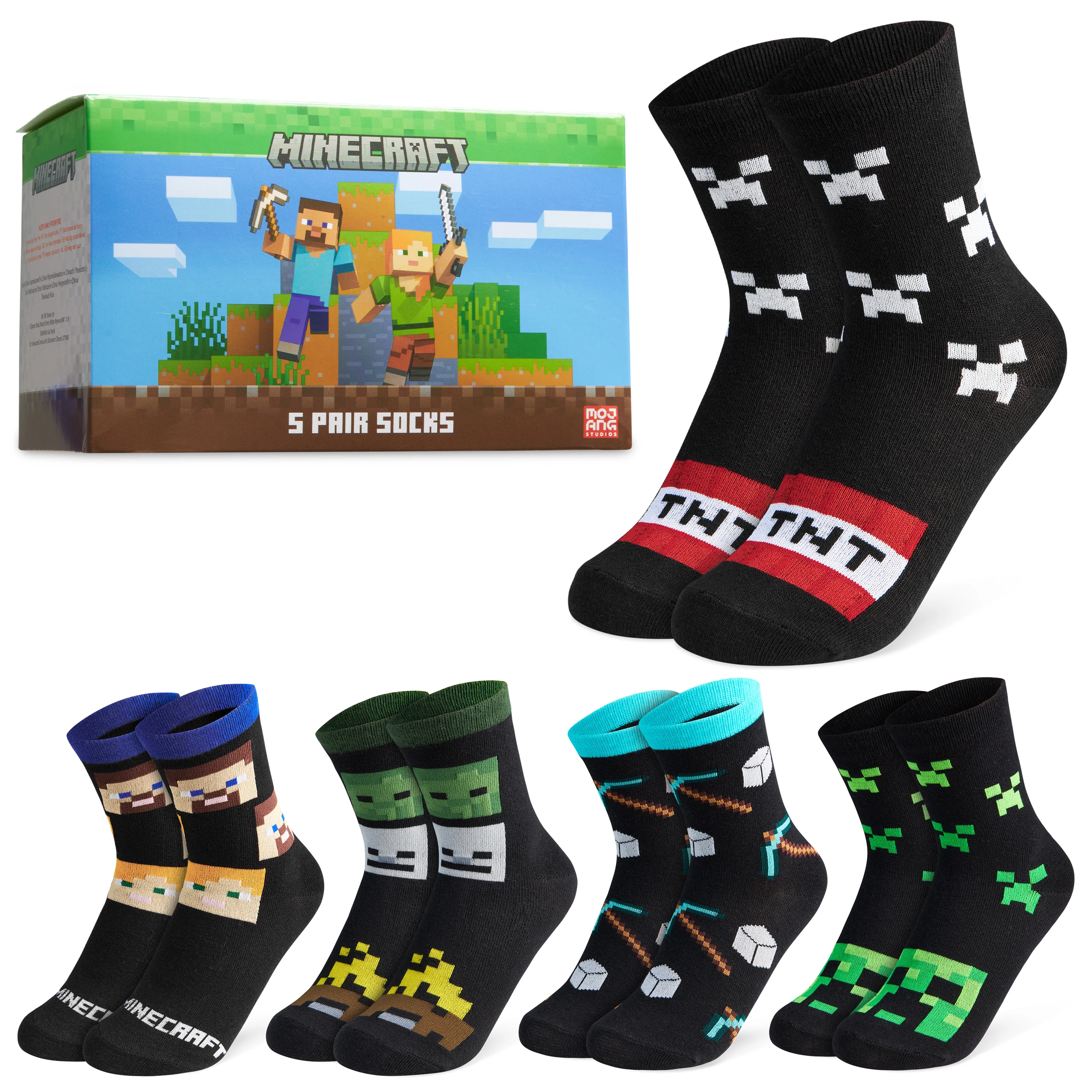 Minecraft Boys Calf Length Socks, Soft Breathable Creeper Everyday Sports School Socks Multipack - Gifts for Gamers