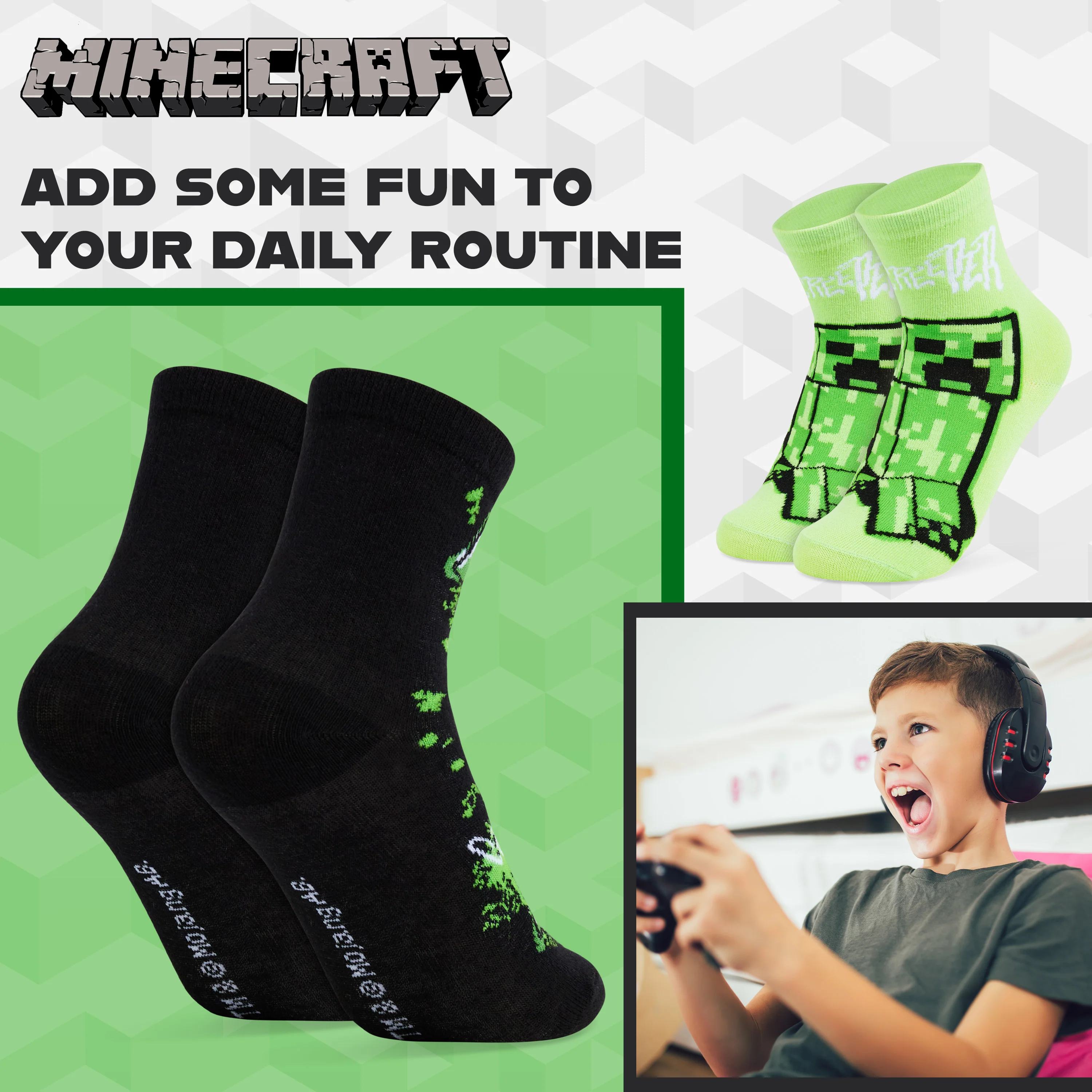 Minecraft Boys Calf Length Socks, Soft Breathable Creeper Everyday Sports School Socks Multipack - Gifts for Gamers - Image 3