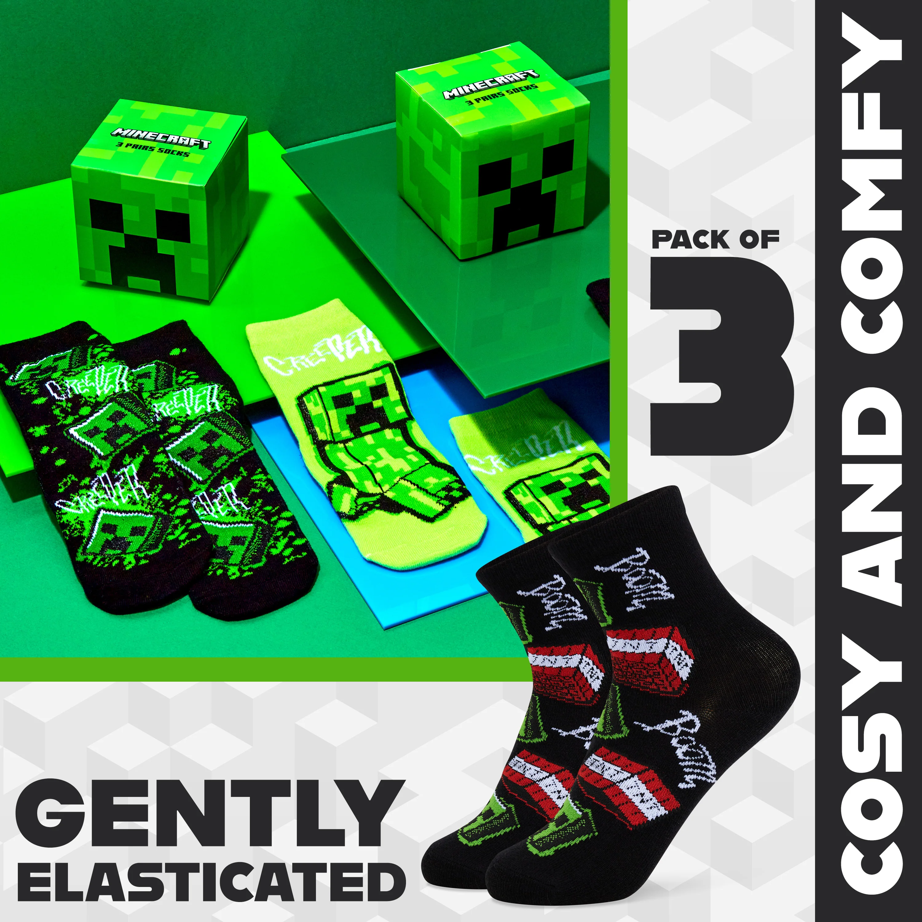 Minecraft Boys Calf Length Socks, Soft Breathable Creeper Everyday Sports School Socks Multipack - Gifts for Gamers - Image 4
