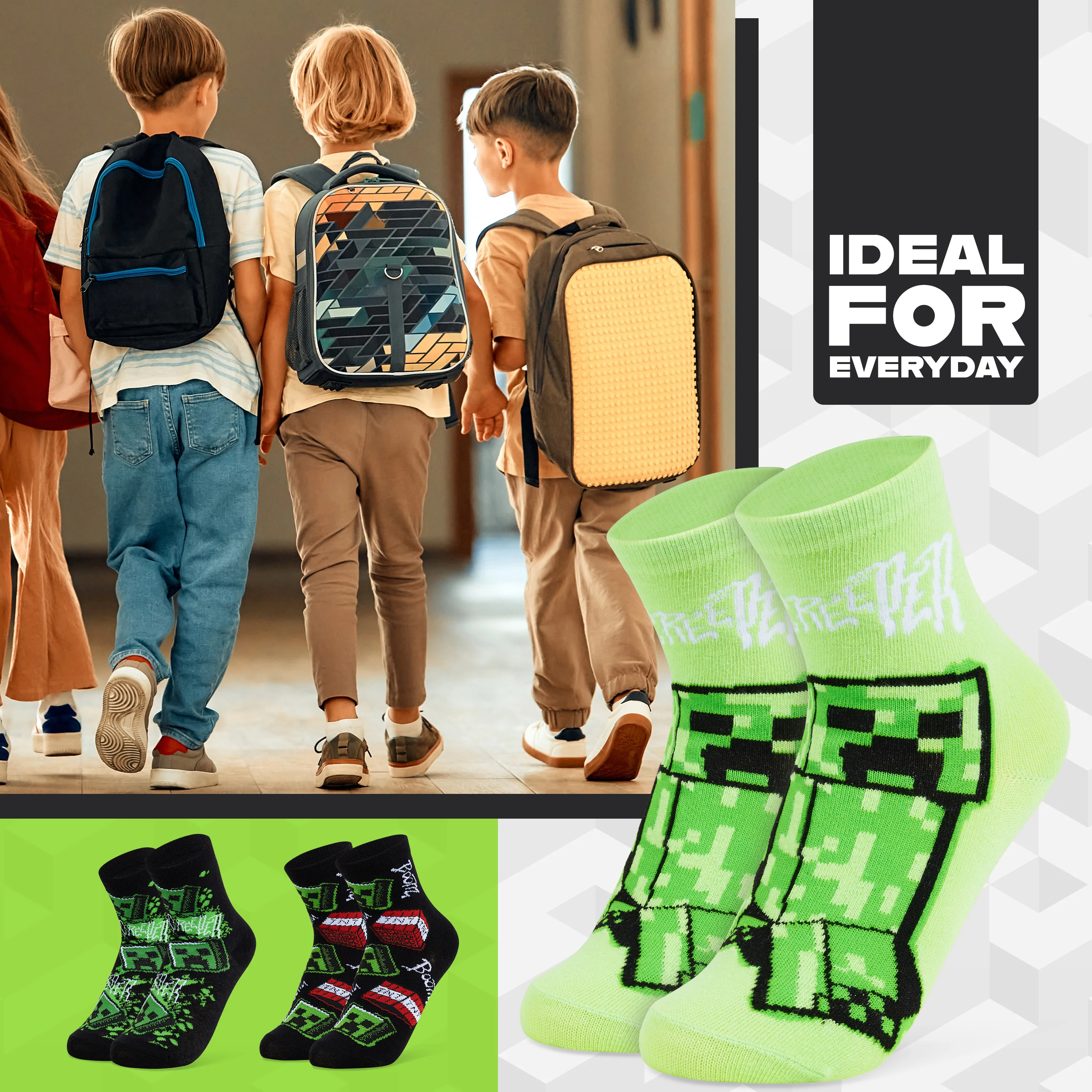 Minecraft Boys Calf Length Socks, Soft Breathable Creeper Everyday Sports School Socks Multipack - Gifts for Gamers - Image 5