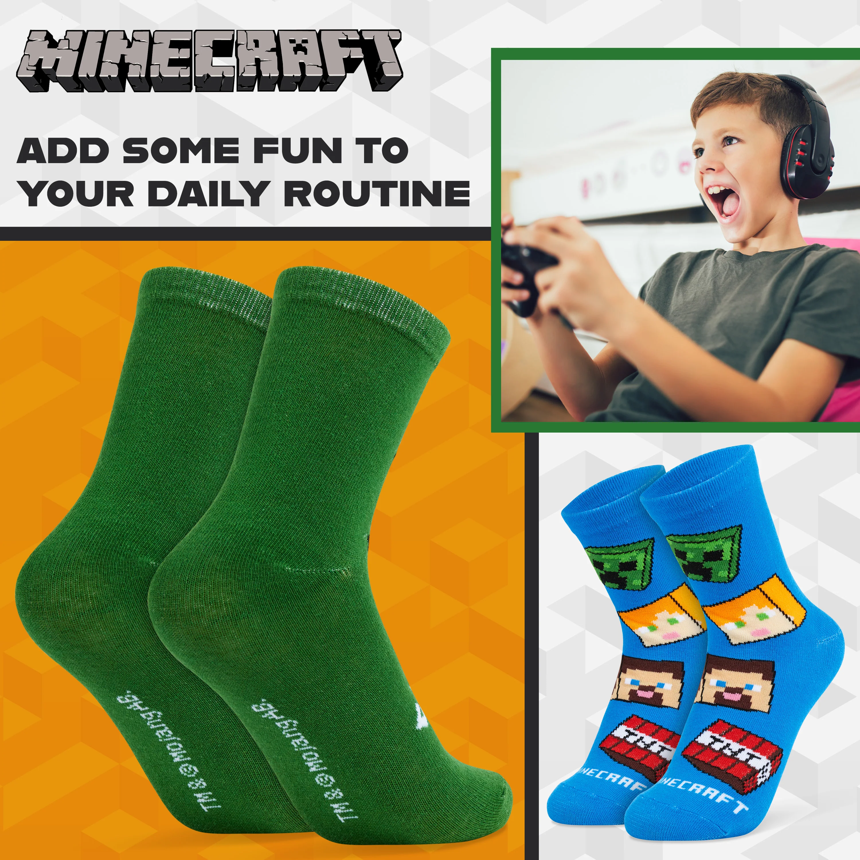 Minecraft Boys Calf Length Socks, Soft Breathable Creeper Everyday Sports School Socks Multipack - Gifts for Gamers - Image 3