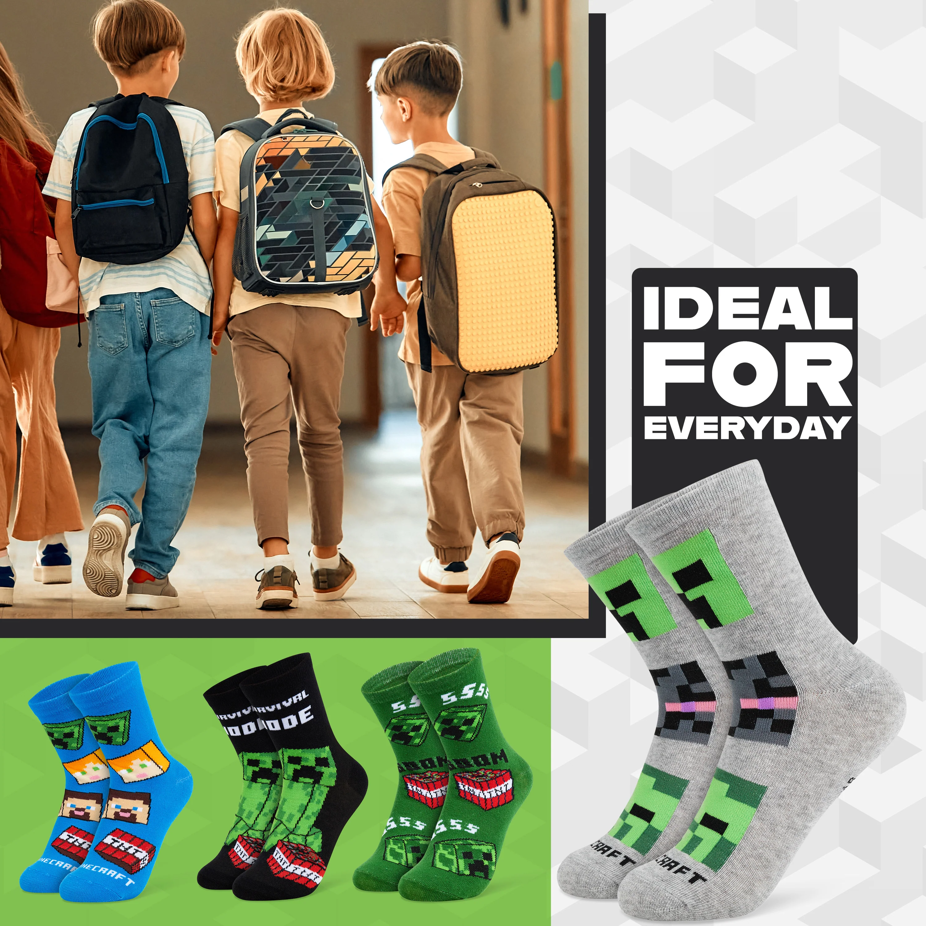 Minecraft Boys Calf Length Socks, Soft Breathable Creeper Everyday Sports School Socks Multipack - Gifts for Gamers - Image 5