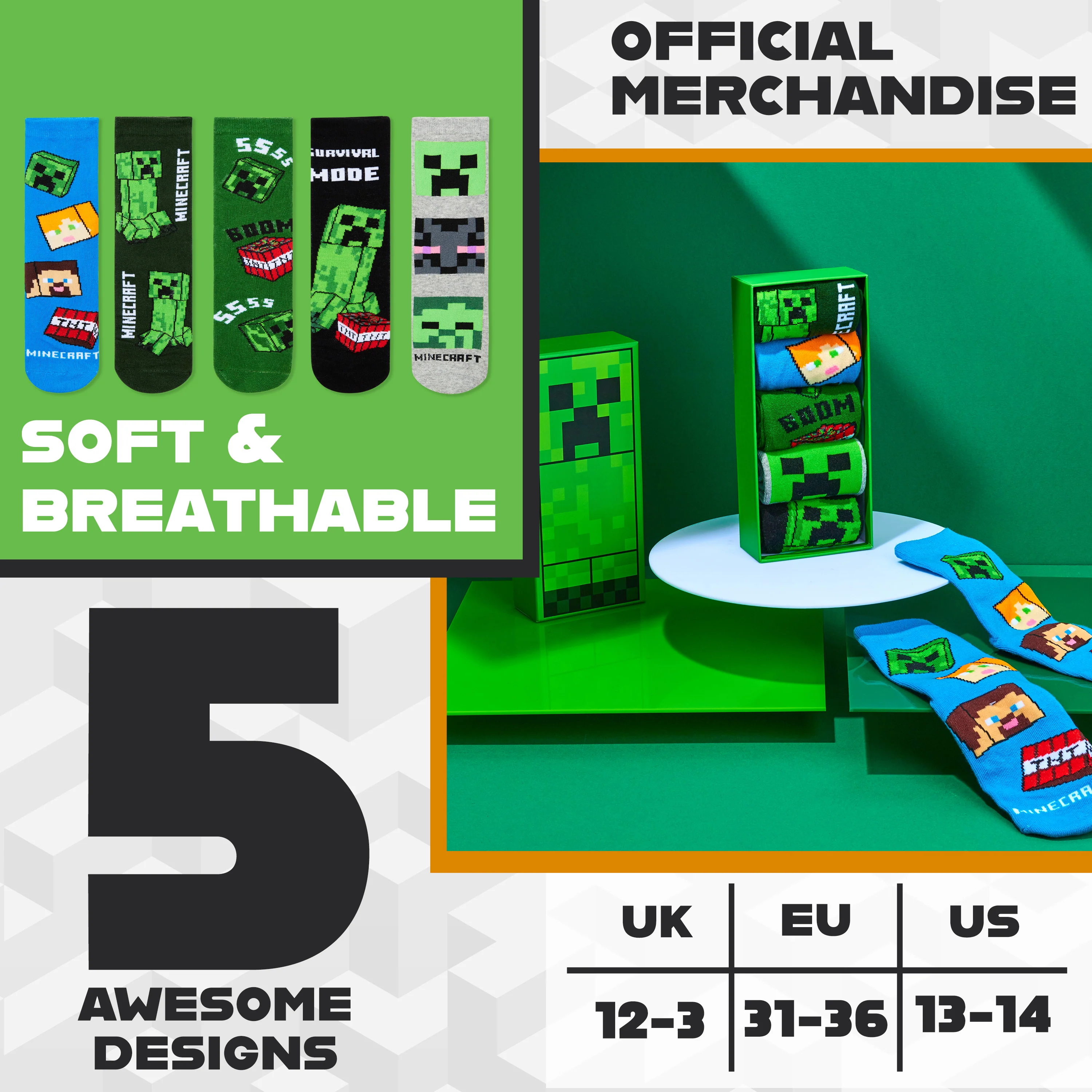 Minecraft Boys Calf Length Socks, Soft Breathable Creeper Everyday Sports School Socks Multipack - Gifts for Gamers - Image 6