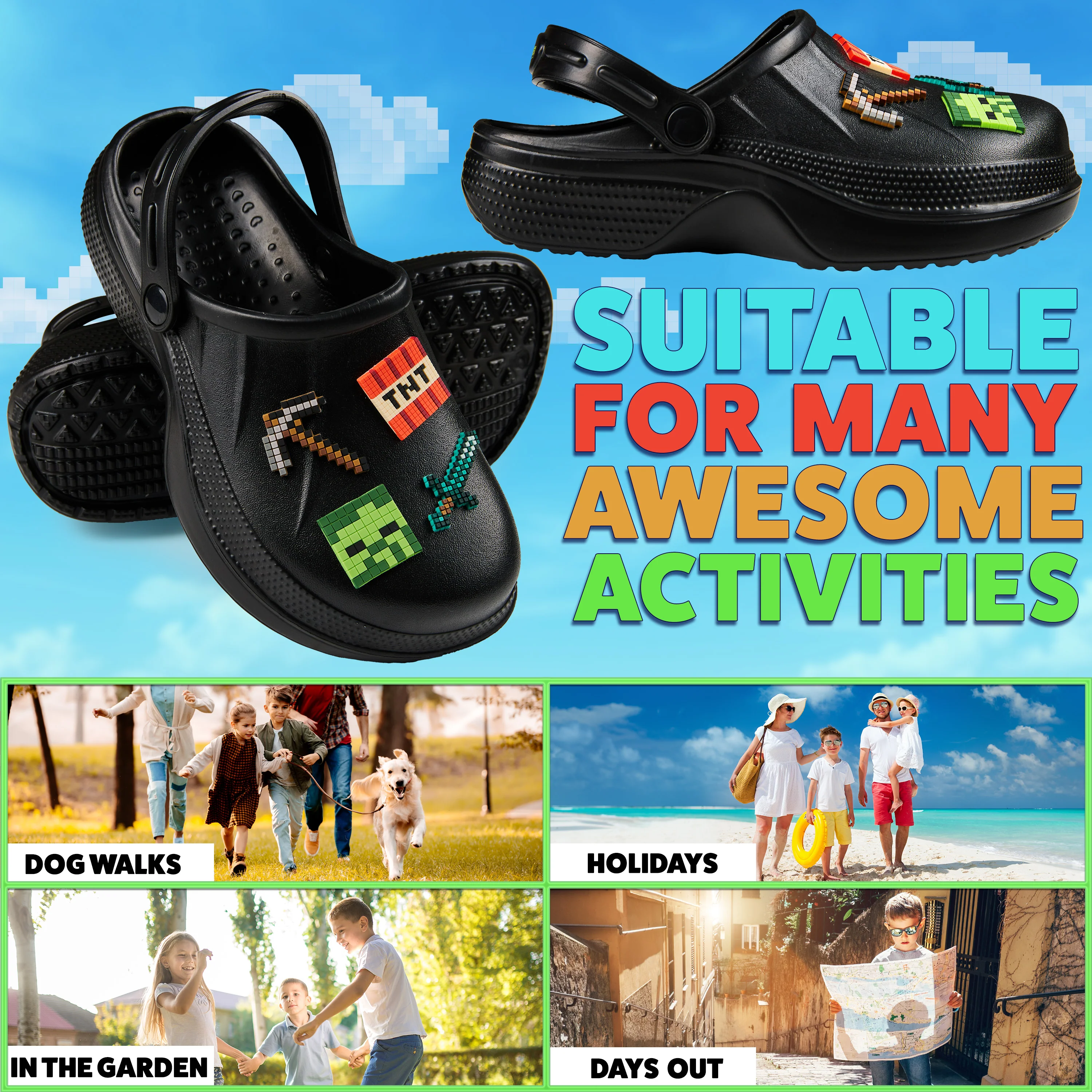Minecraft Boys Clogs, Kids Summer Garden Shoes Removable Shoe Charms for Beach, Pool, Holiday Essentials Slip On with Strap, Gamer Gifts - Image 5