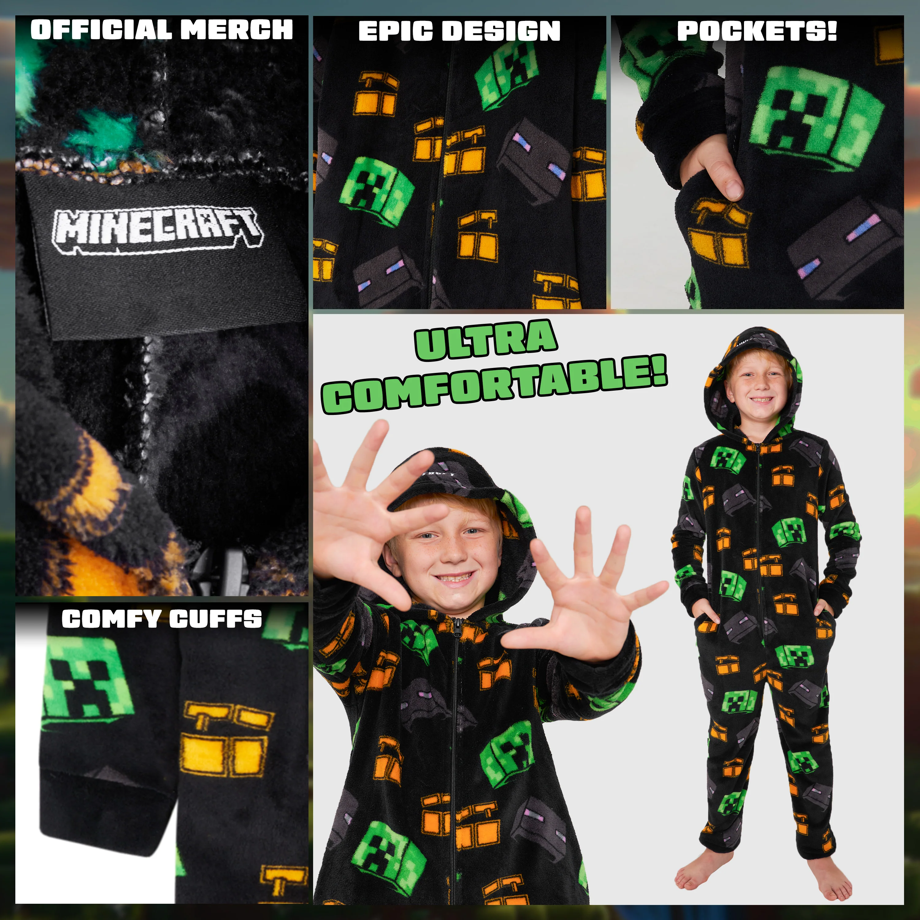 Minecraft Boys Fleece Onesie, Hooded Onesie Pyjamas - Gifts for Gamers - Image 4