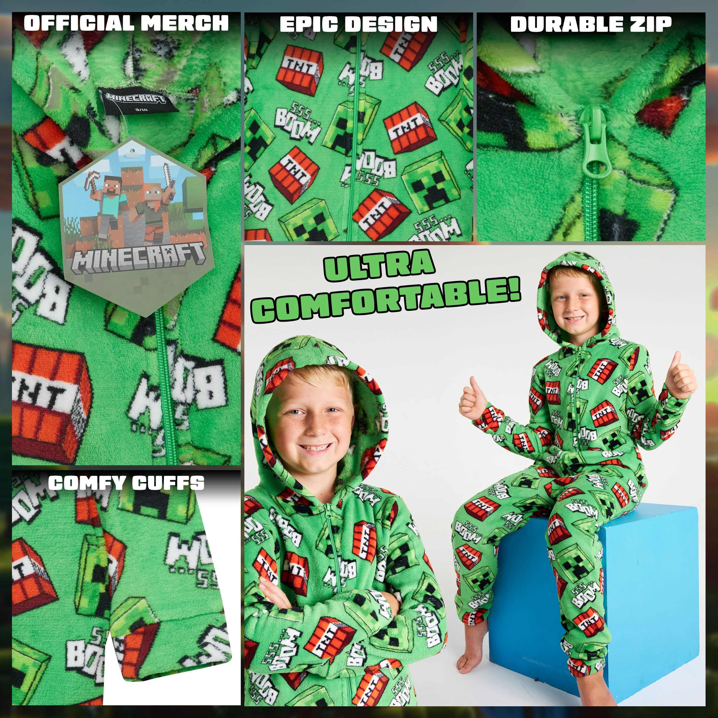 Minecraft Boys Fleece Onesie, Hooded Onesie Pyjamas - Gifts for Gamers - Image 4