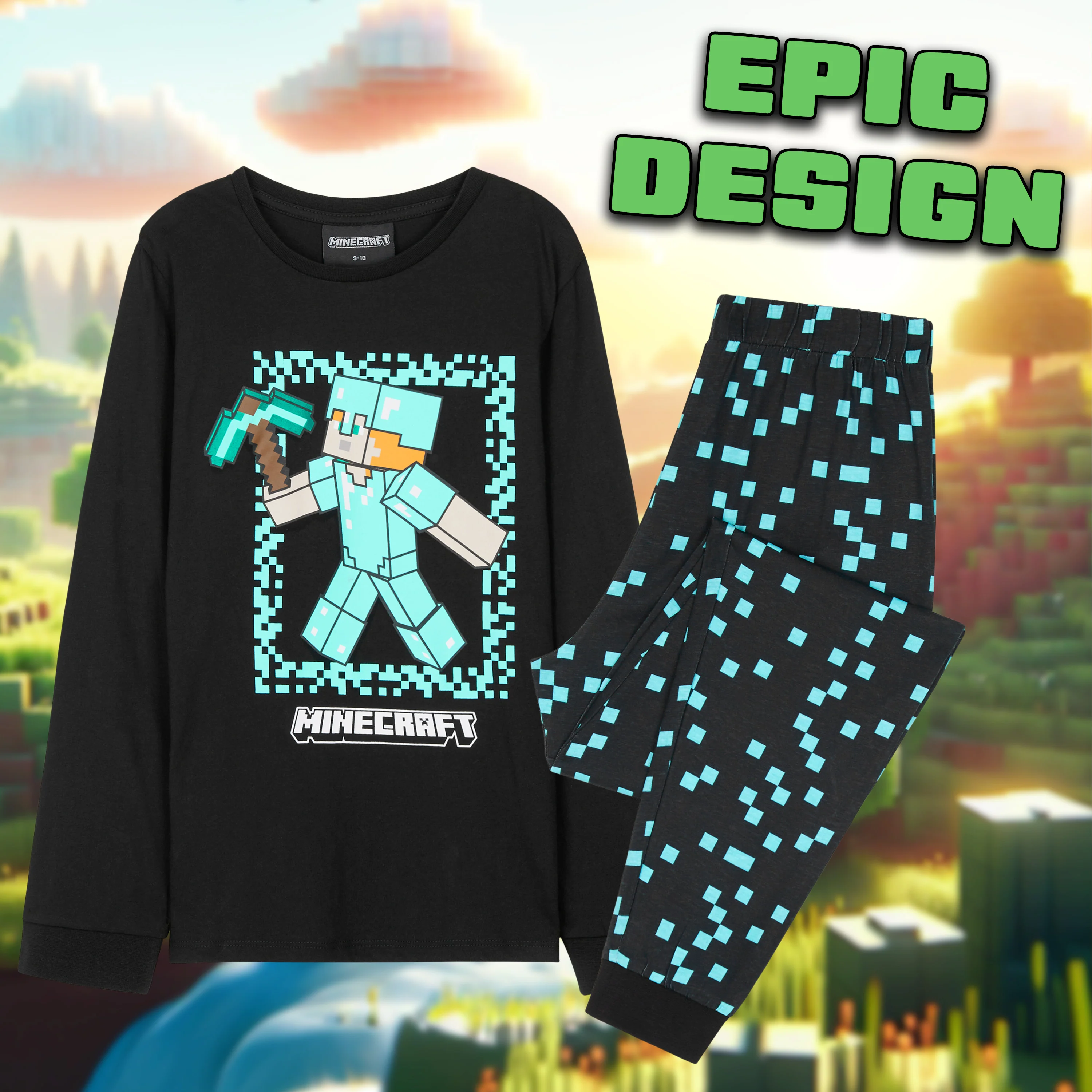 Minecraft Boys Long Pyjamas Set, Comfy Cotton PJs Creeper Loungewear - Gamer Gifts for Boys - Image 2