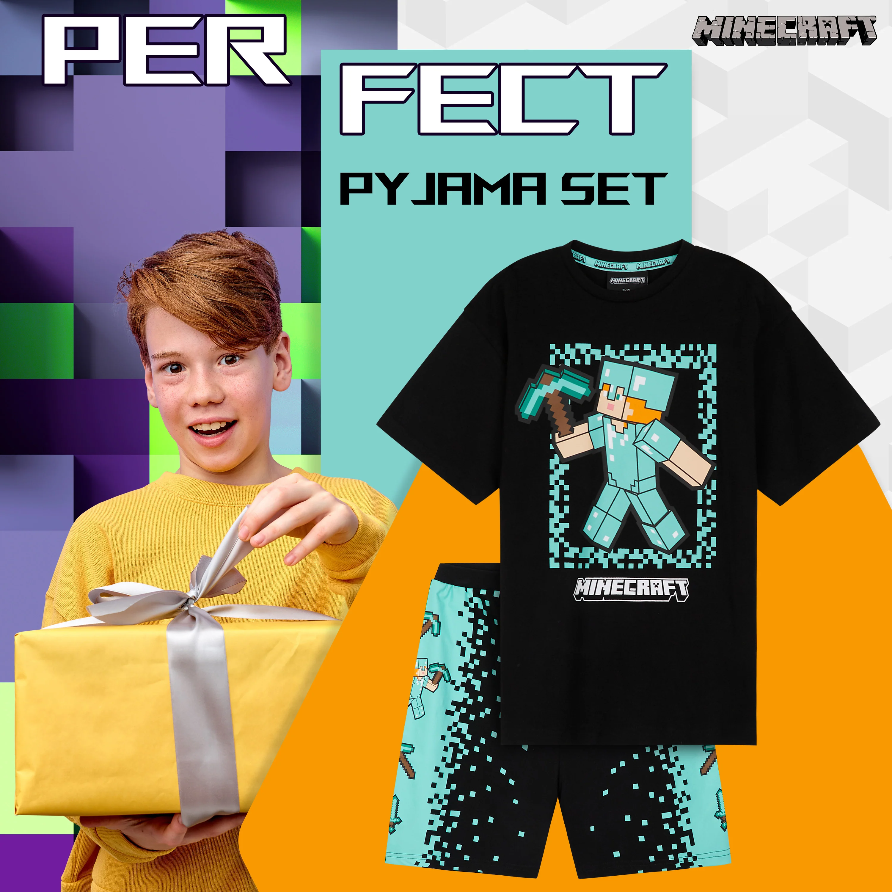 Minecraft Boys Short Pyjamas Set, Comfy Cotton Lounge Wear - Black/Blue - Image 3
