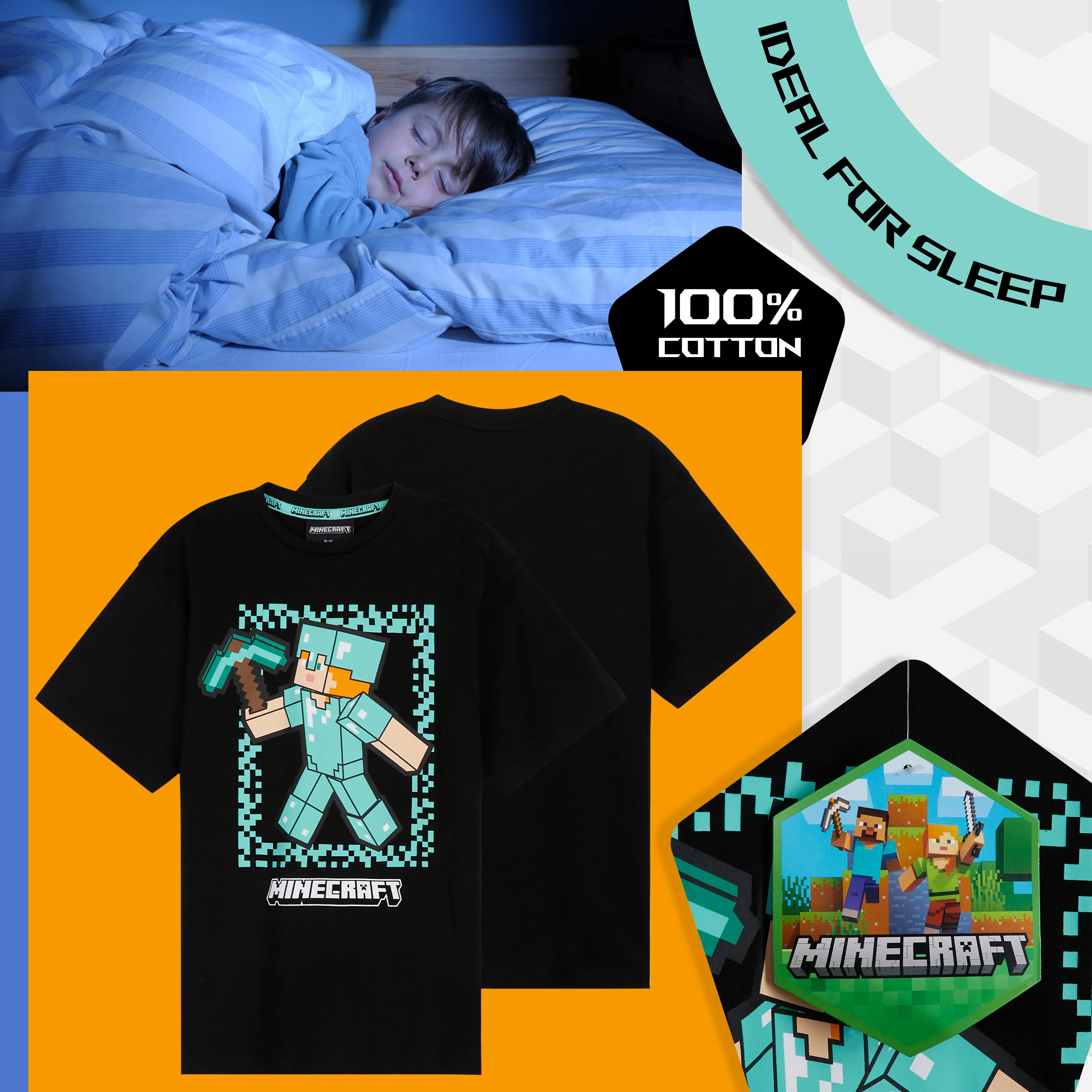 Minecraft Boys Short Pyjamas Set, Comfy Cotton Lounge Wear - Black/Blue - Image 4