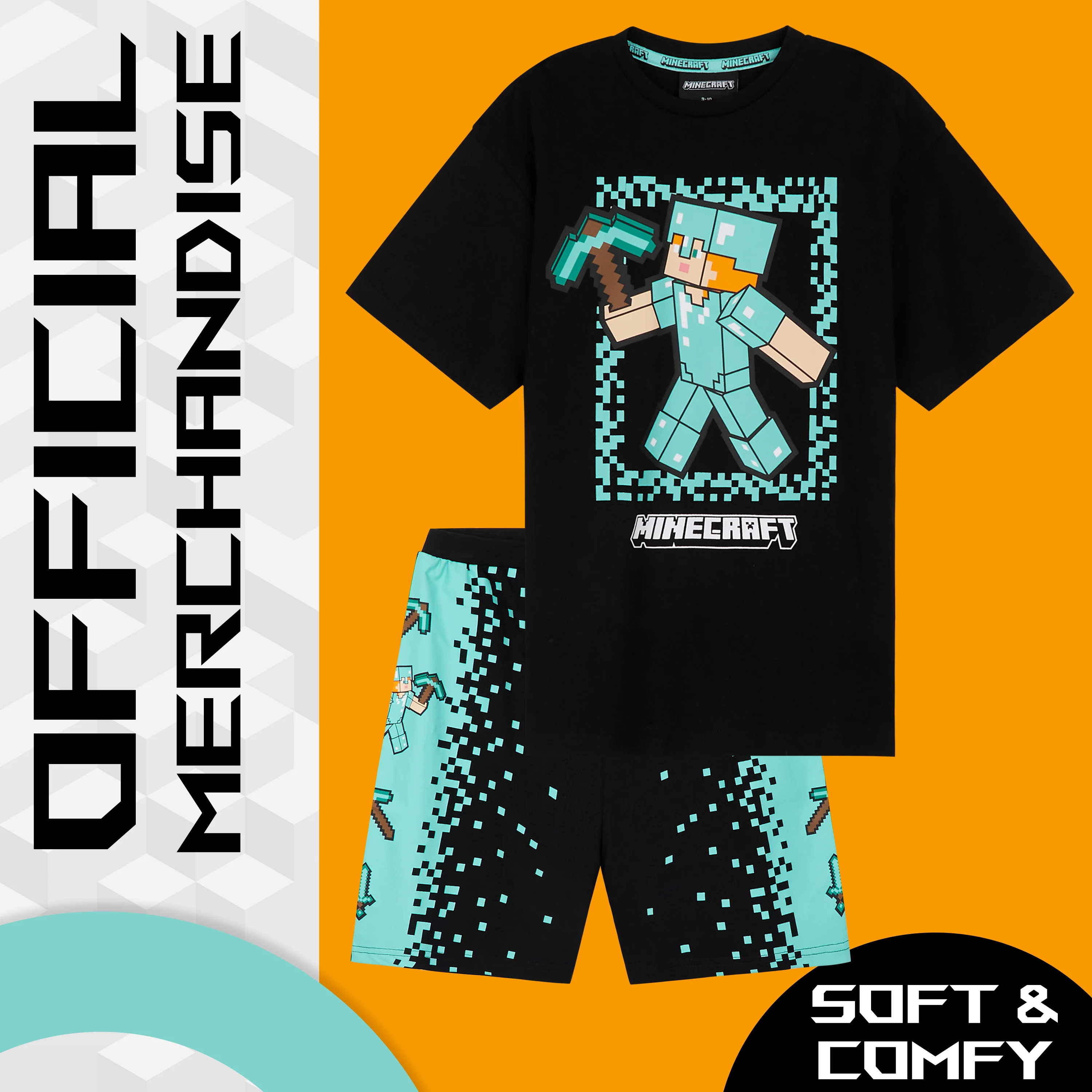 Minecraft Boys Short Pyjamas Set, Comfy Cotton Lounge Wear - Black/Blue - Image 5