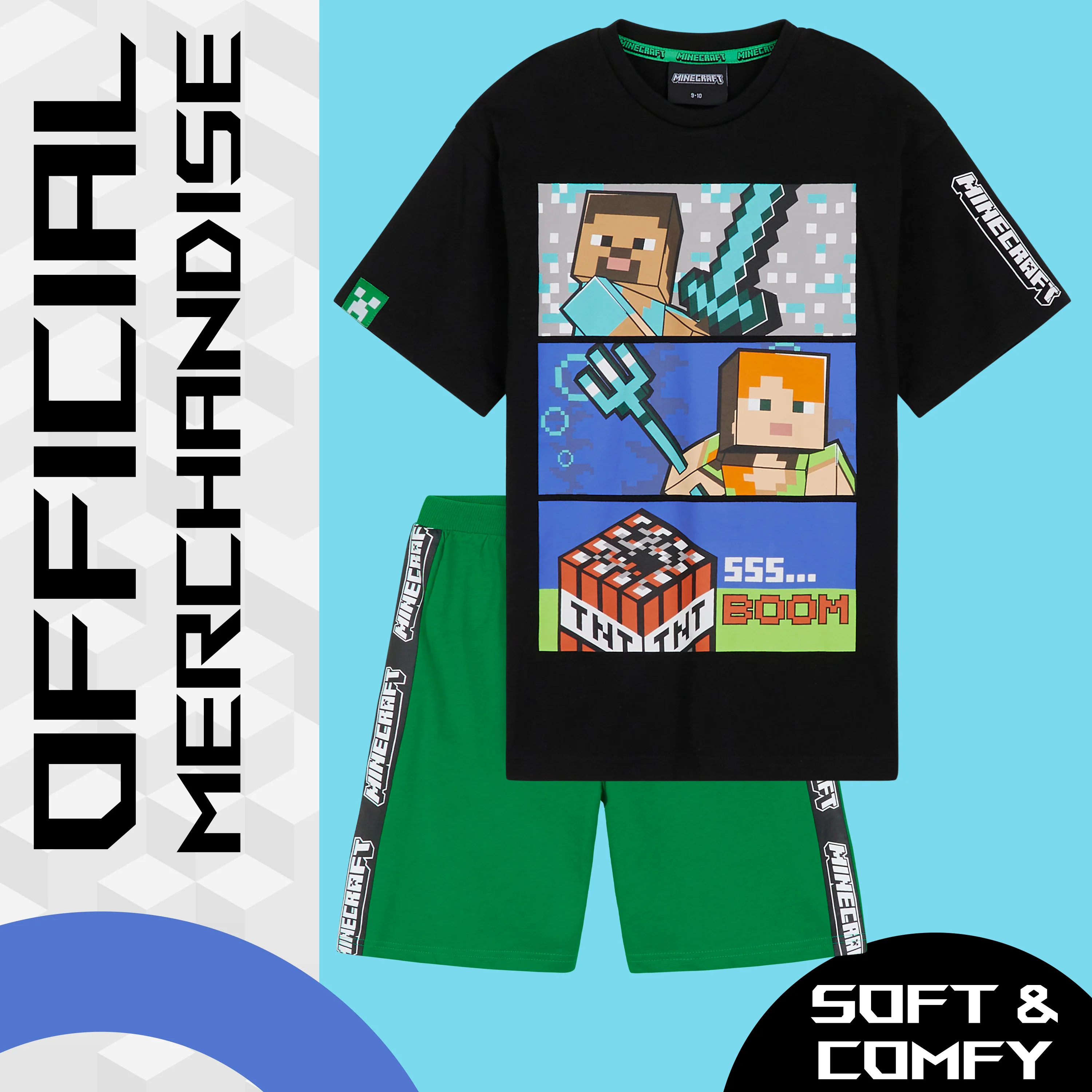 Minecraft Boys Short Pyjamas Set, Comfy Cotton Lounge Wear - Black/Green - Image 5