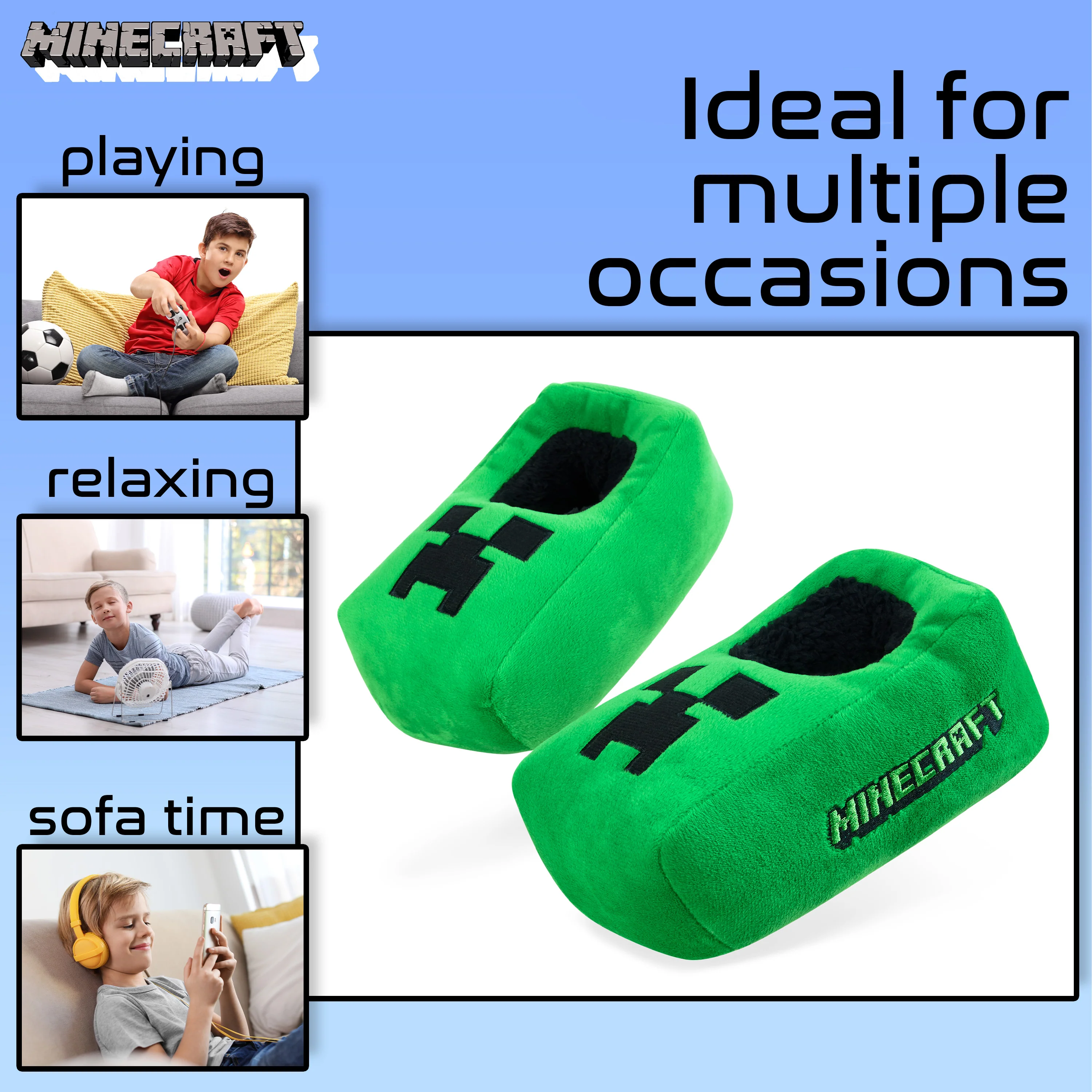 Minecraft Boys Slippers, Cosy Creeper Indoor House Shoes - Gamer Gifts for Boys - Image 4
