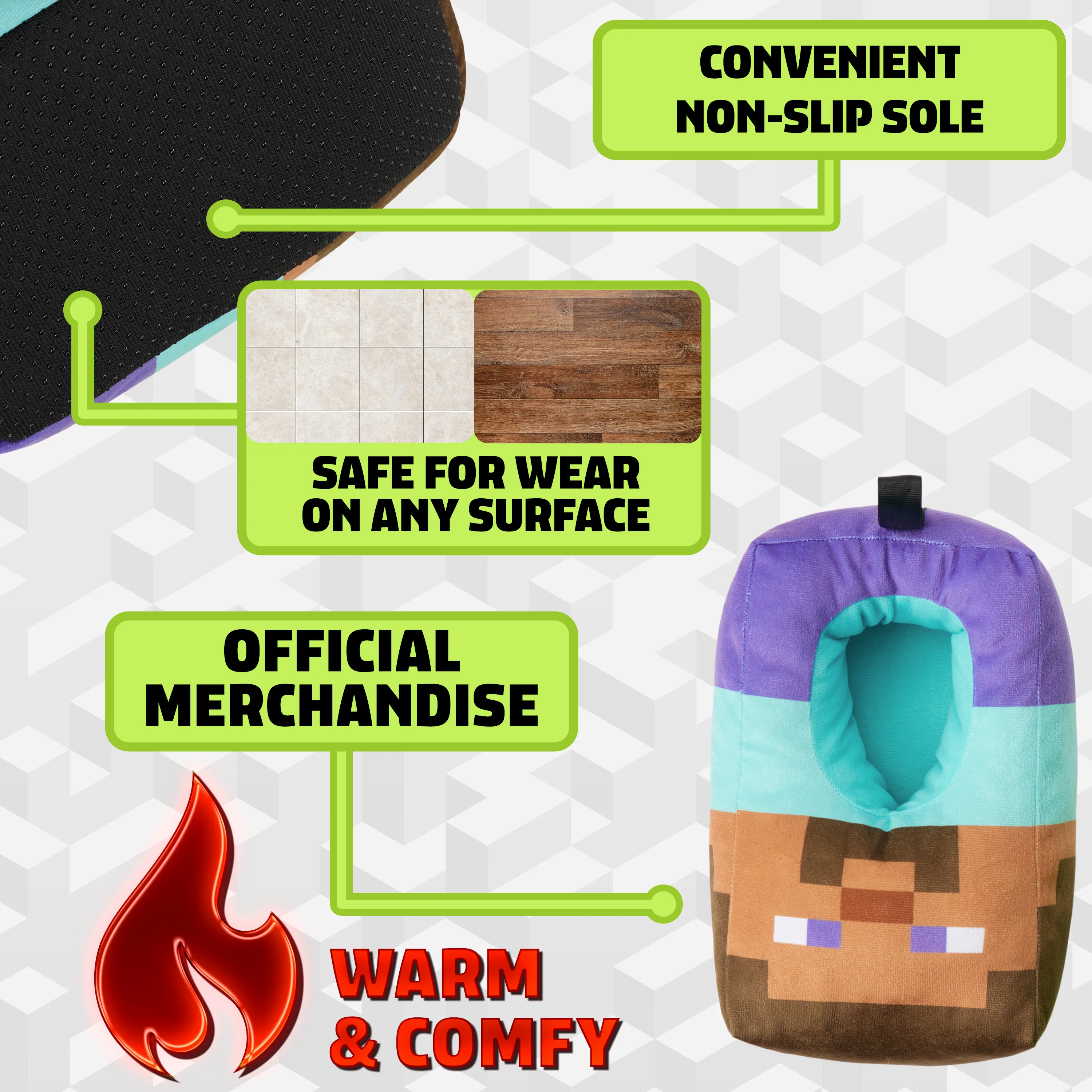 Minecraft Boys Slippers, Cosy Creeper Indoor House Shoes - Gamer Gifts for Boys - Image 4