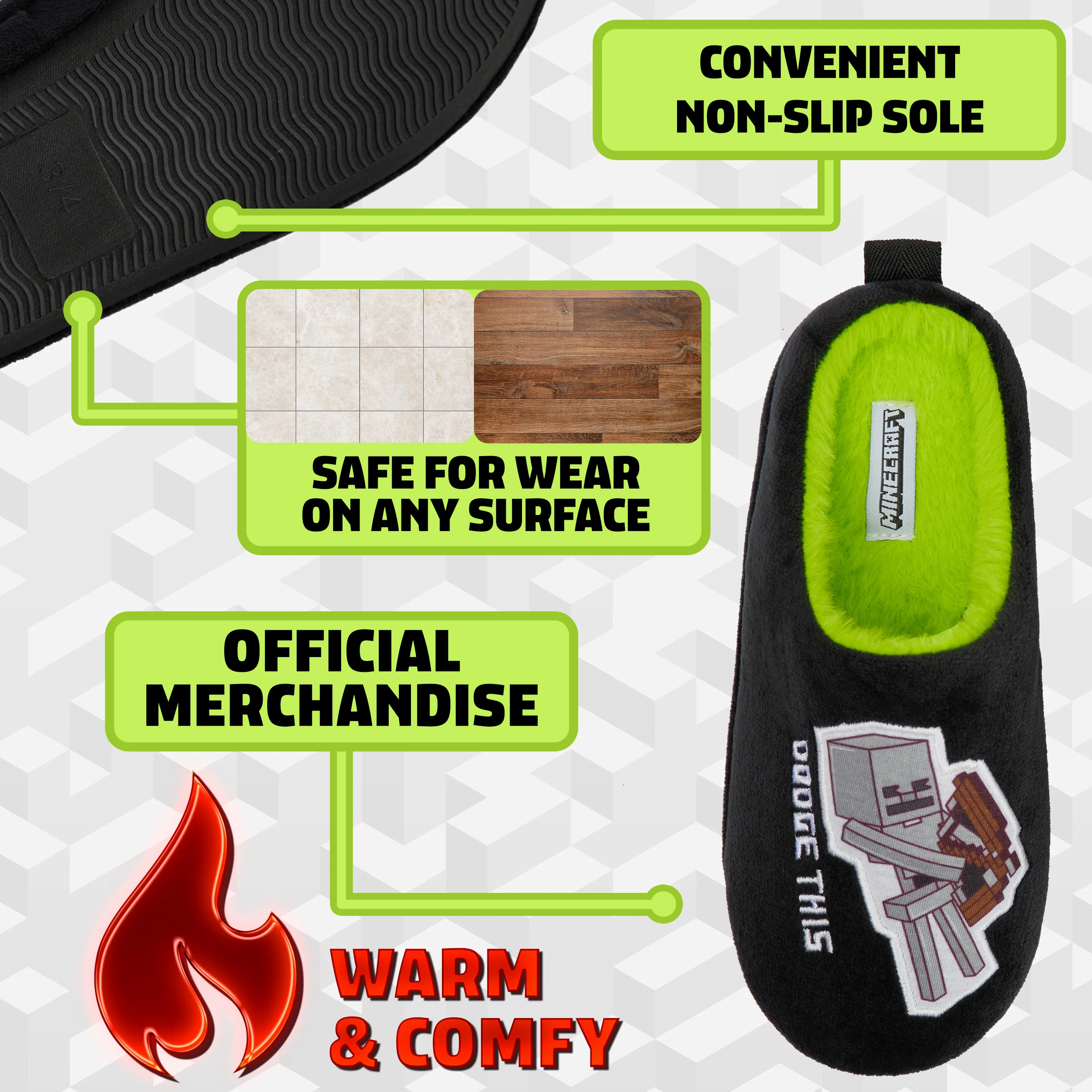 Minecraft Boys Slippers, Cosy Creeper Indoor House Shoes - Gamer Gifts for Boys - Image 4