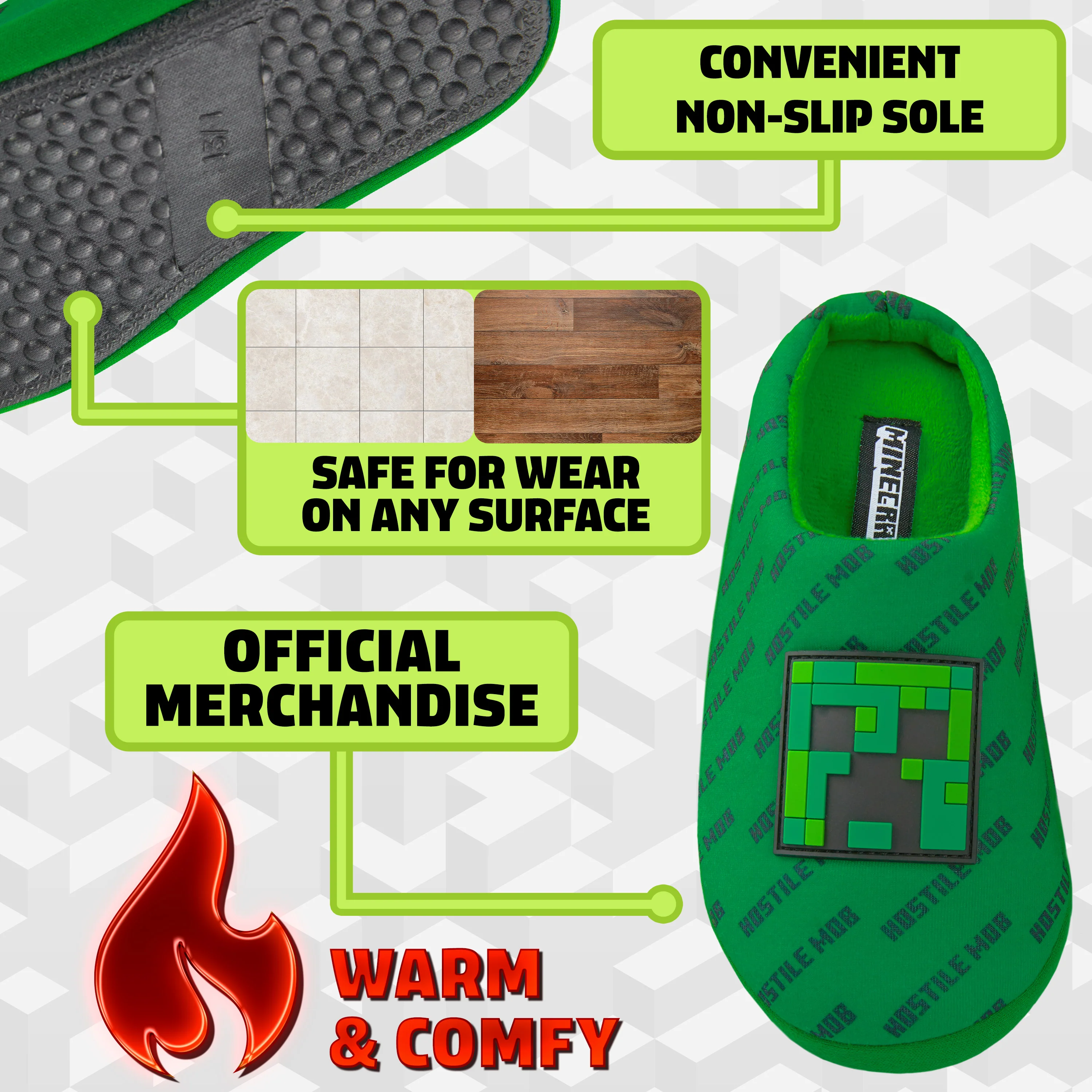Minecraft Boys Slippers, Cosy Creeper Indoor House Shoes - Gamer Gifts for Boys - Image 4