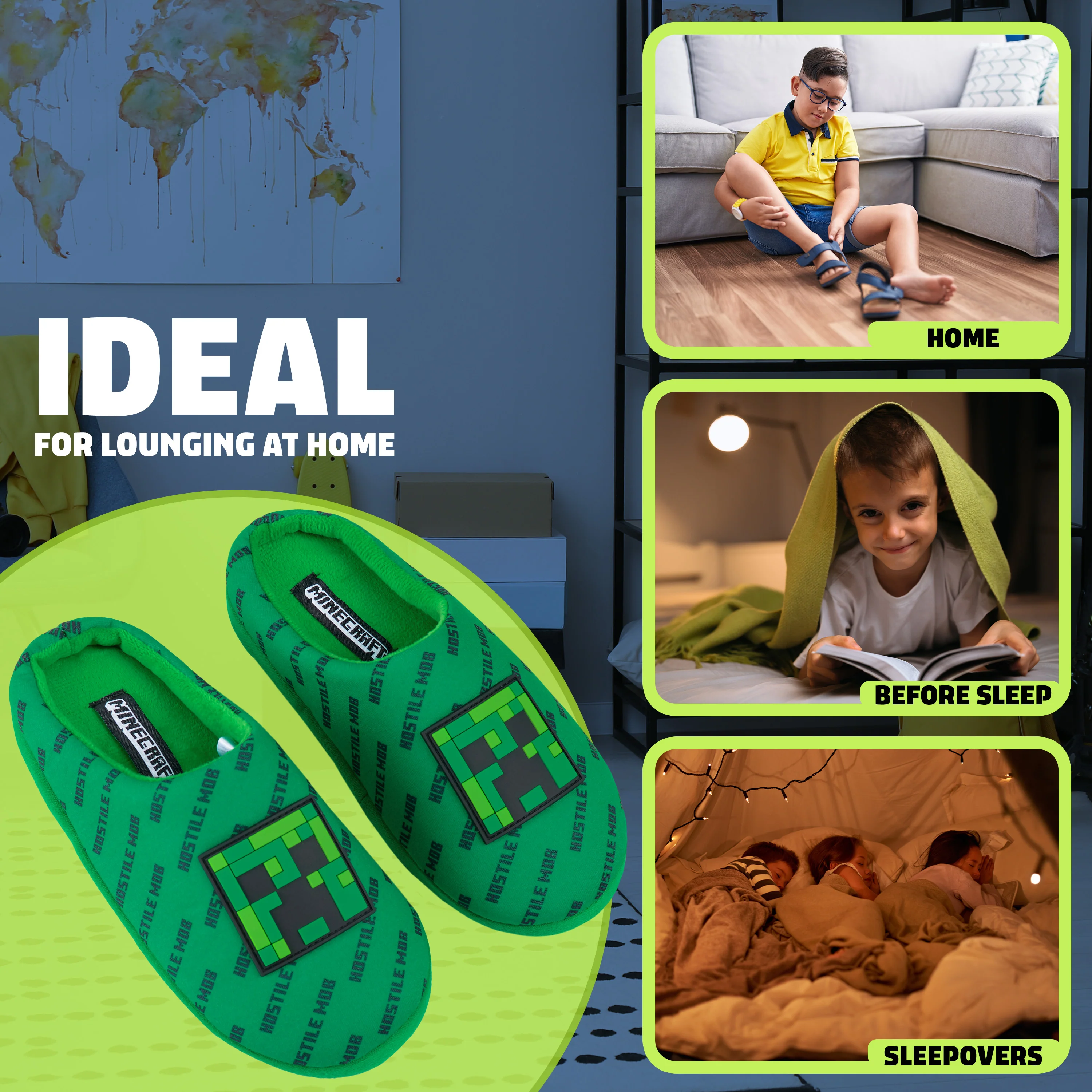 Minecraft Boys Slippers, Cosy Creeper Indoor House Shoes - Gamer Gifts for Boys - Image 5