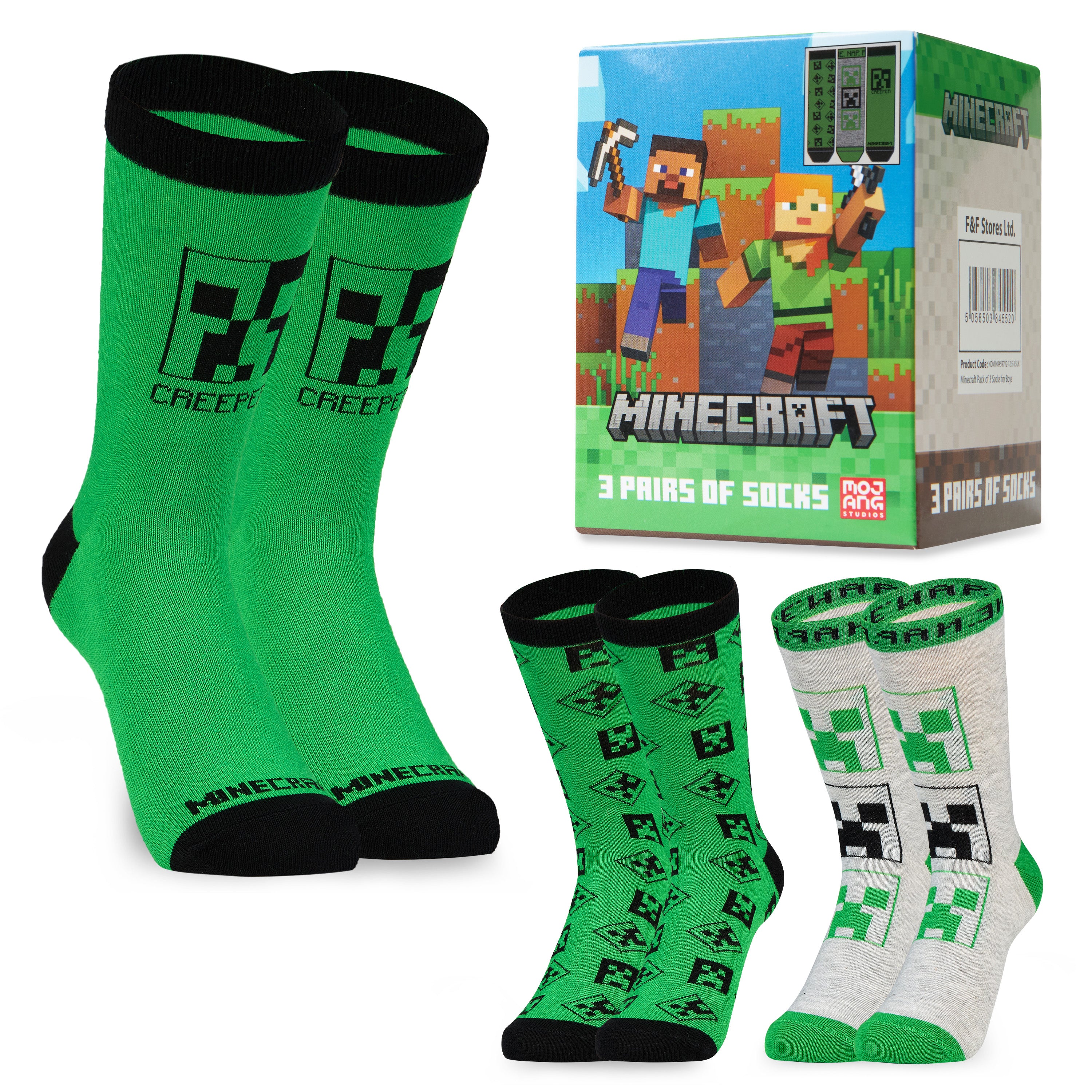 Minecraft Boys Socks 3 Pack - Cotton-Rich Crew Socks Kids