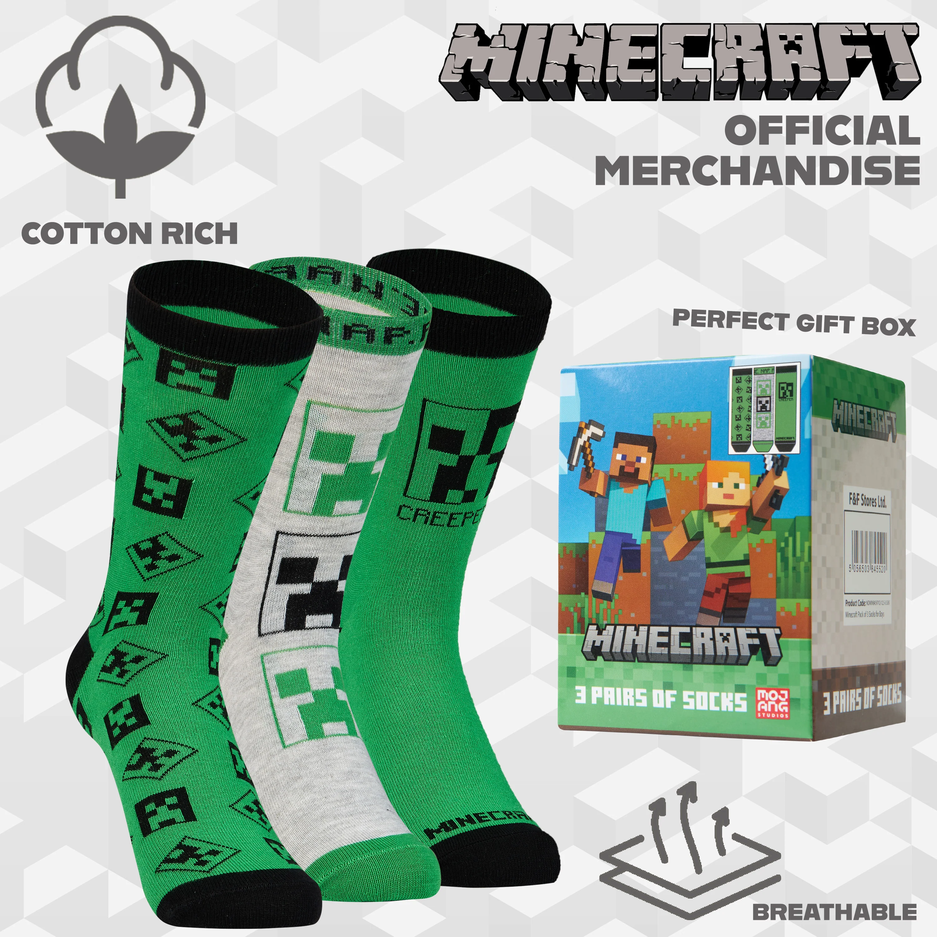 Minecraft Boys Socks 3 Pack - Cotton-Rich Crew Socks Kids - Image 6
