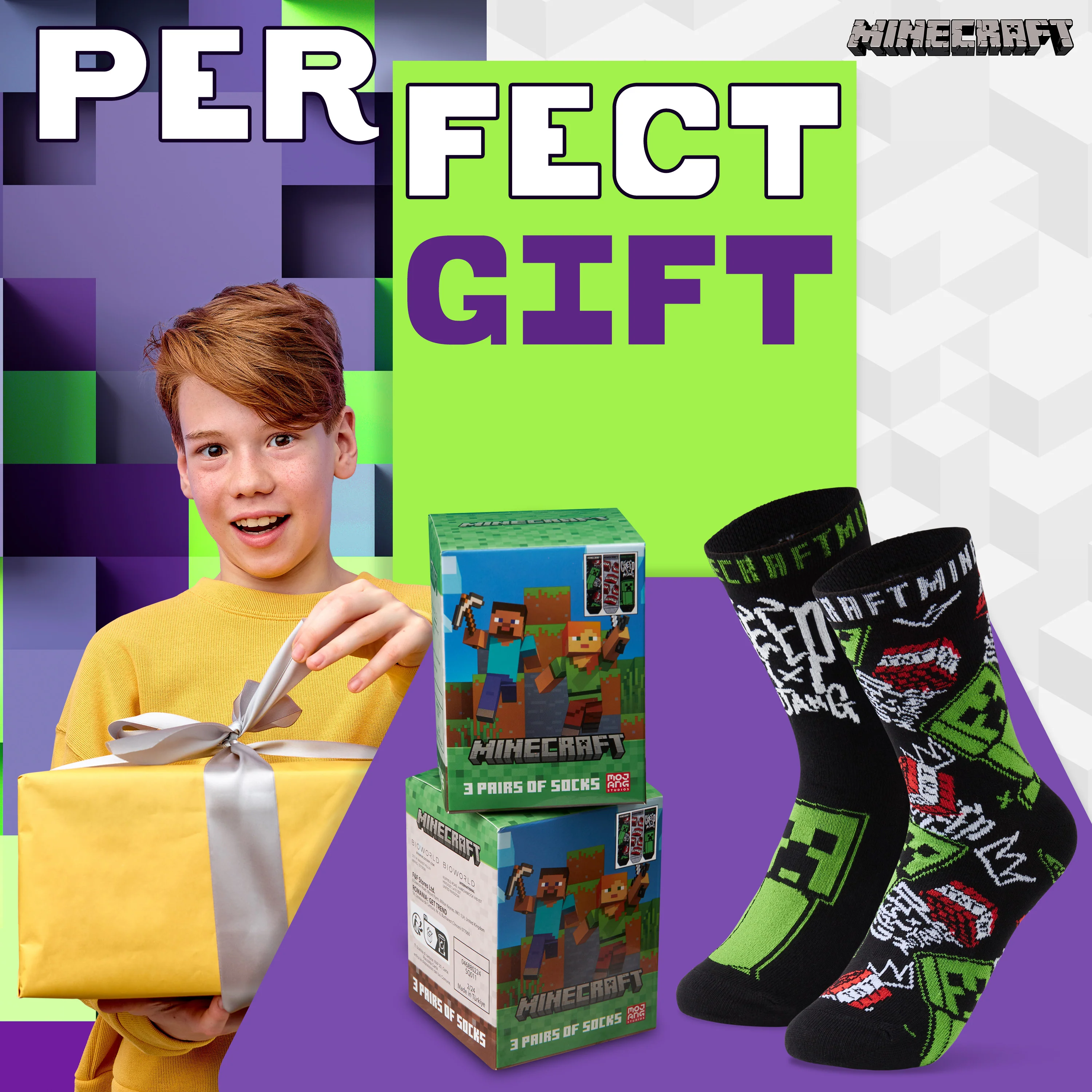Minecraft Boys Socks 3 Pack- Cotton-Rich Crew Socks Kids - Image 3
