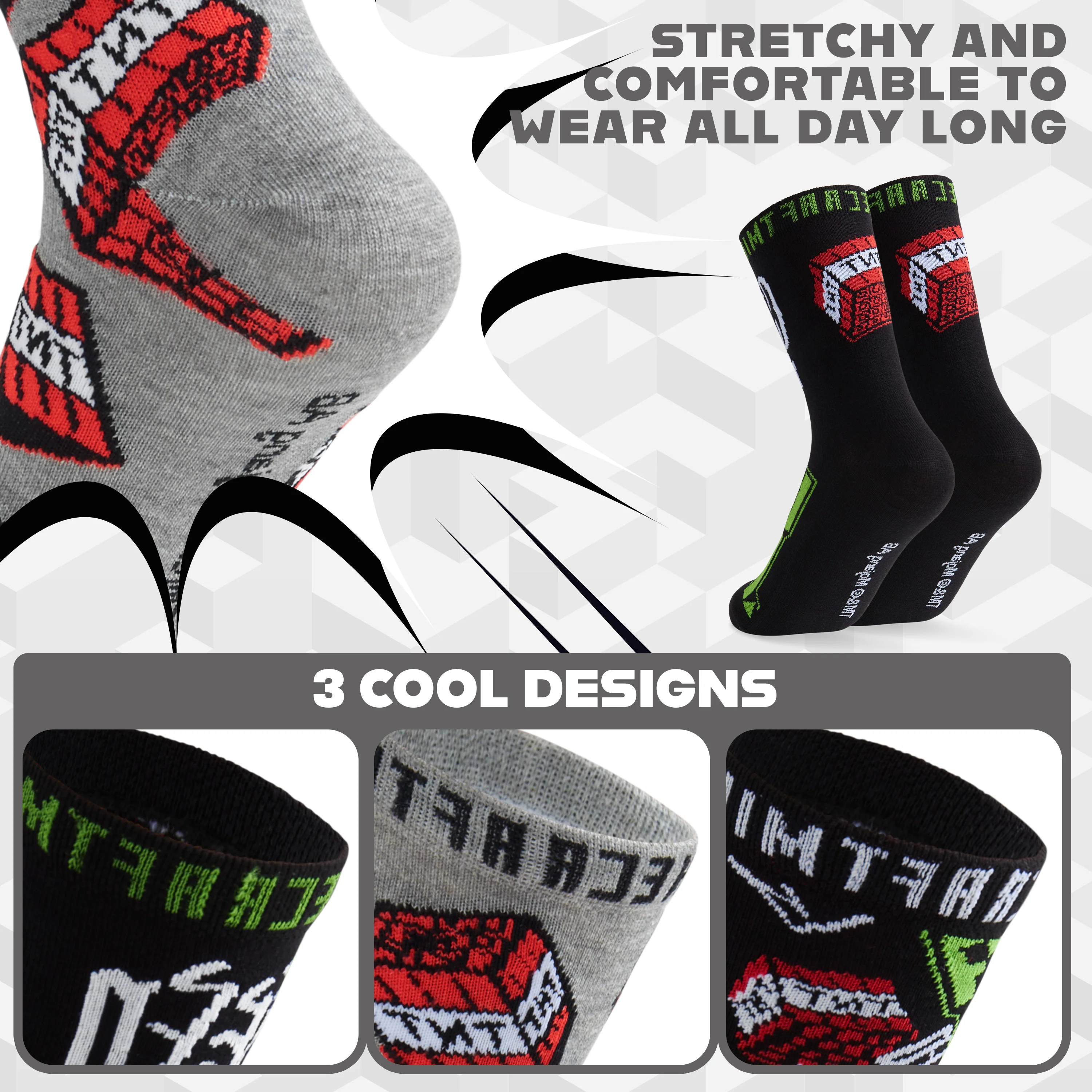 Minecraft Boys Socks 3 Pack- Cotton-Rich Crew Socks Kids - Image 4