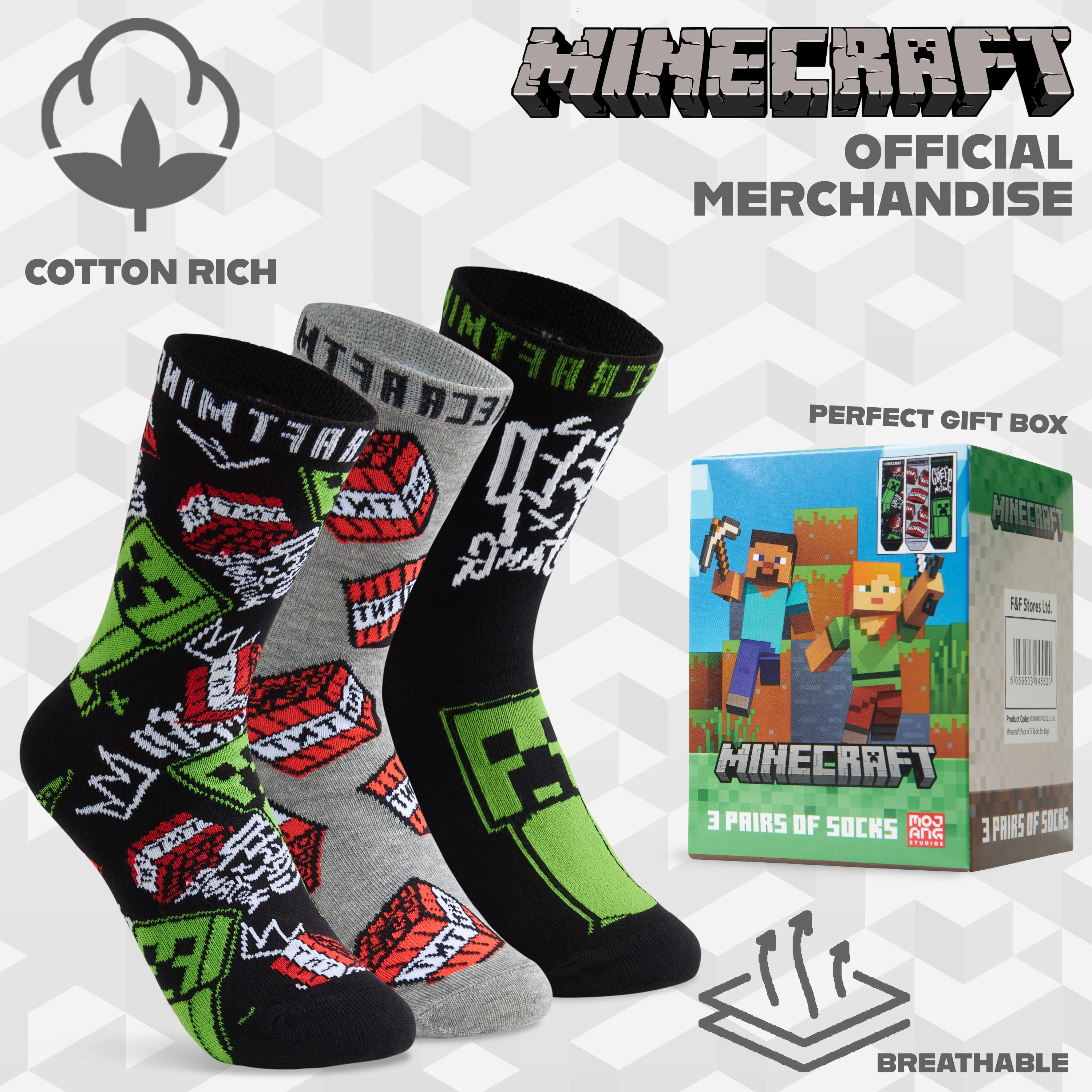 Minecraft Boys Socks 3 Pack- Cotton-Rich Crew Socks Kids - Image 6
