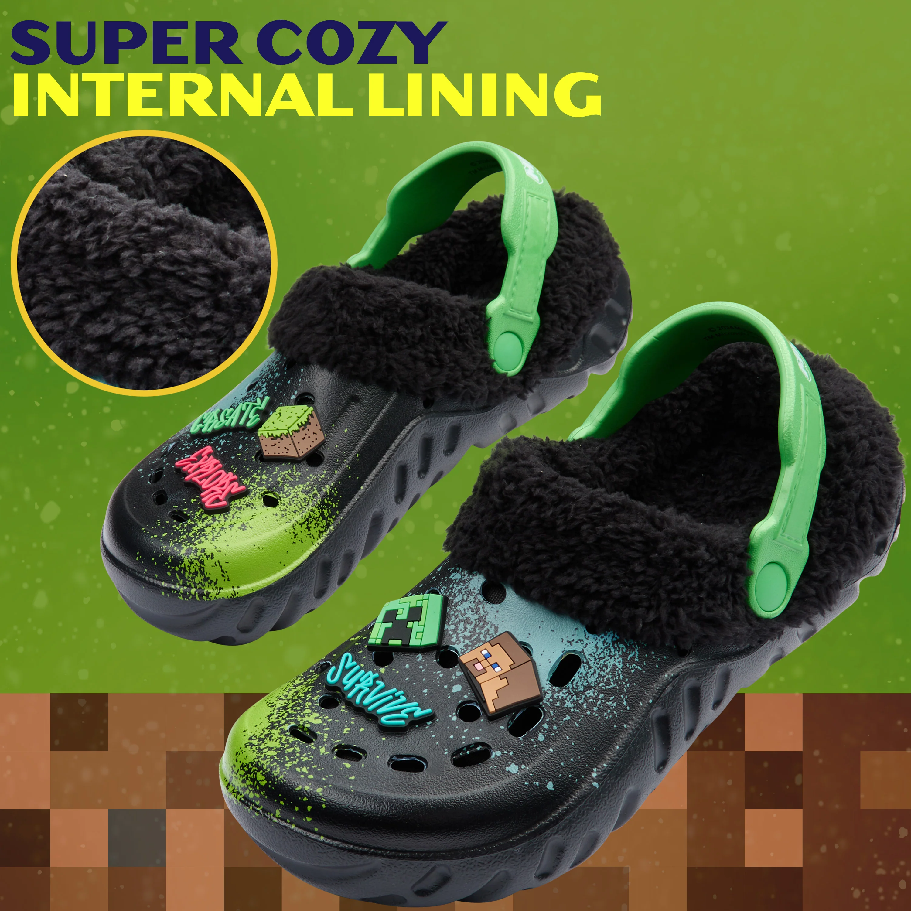 Minecraft Boys Winter Clogs Fleece Lining & Charms, Kids Teens Garden Shoes Slip On with Strap - Image 2