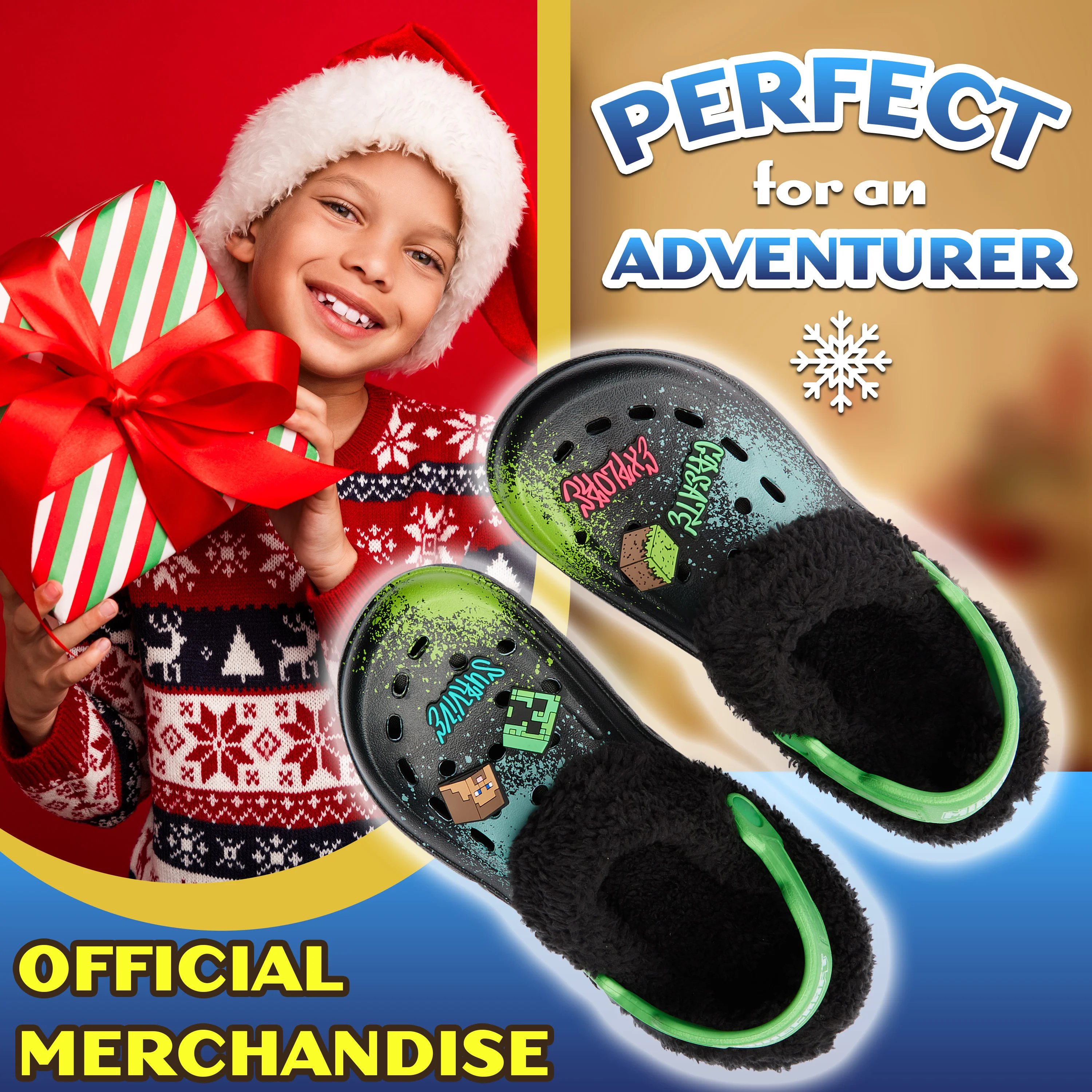 Minecraft Boys Winter Clogs Fleece Lining & Charms, Kids Teens Garden Shoes Slip On with Strap - Image 3