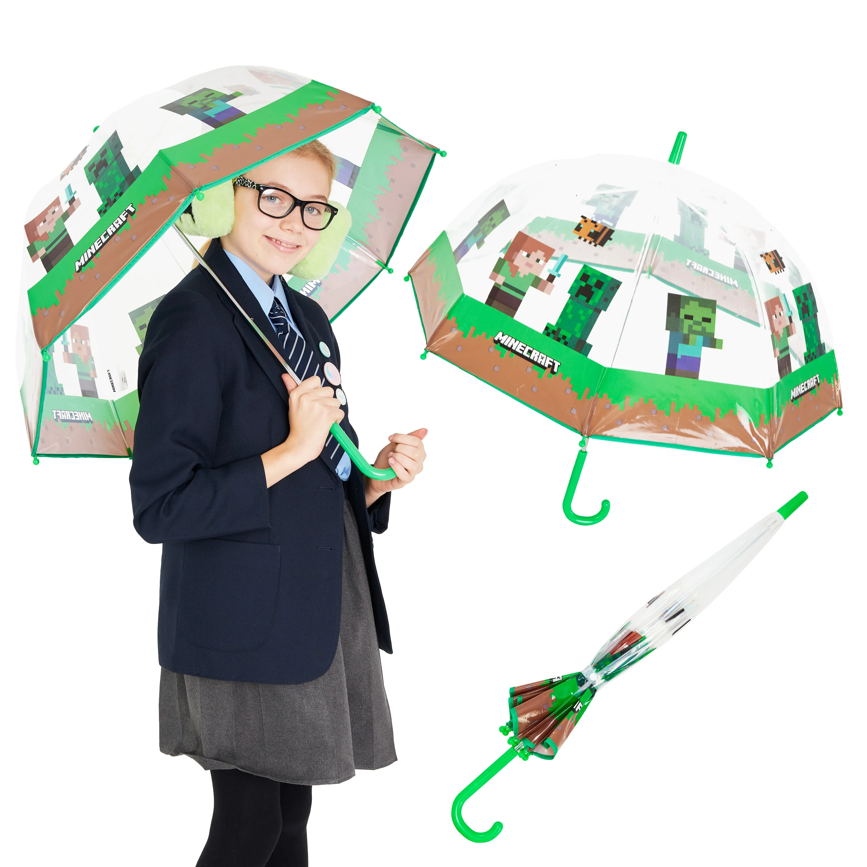 Minecraft Clear Dome Folding Umbrella for Kids - Telescopic, Windproof, Lightweight, and Fun Design - Ideal for Rainy Days