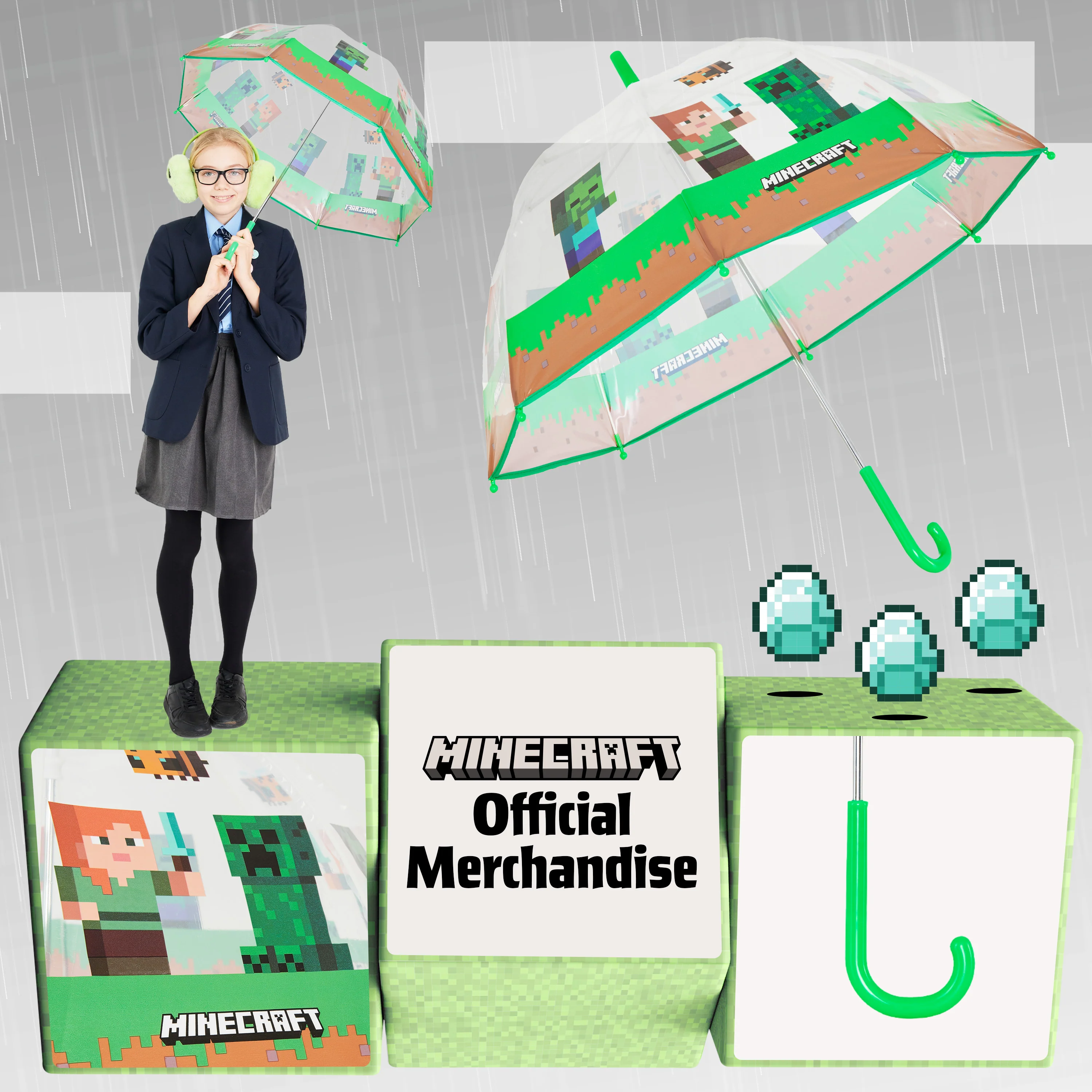 Minecraft Clear Dome Folding Umbrella for Kids - Telescopic, Windproof, Lightweight, and Fun Design - Ideal for Rainy Days - Image 5