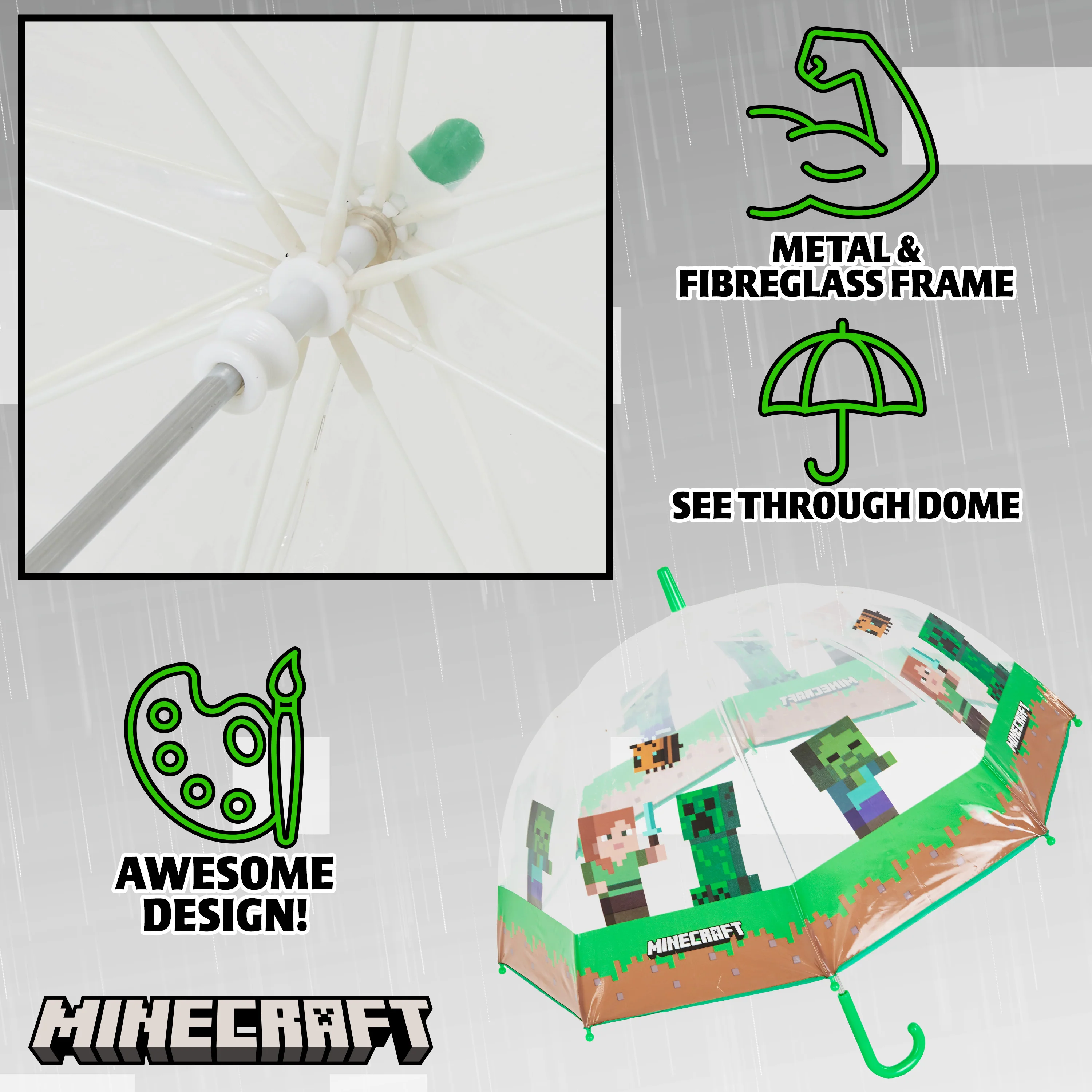 Minecraft Clear Dome Folding Umbrella for Kids - Telescopic, Windproof, Lightweight, and Fun Design - Ideal for Rainy Days - Image 6