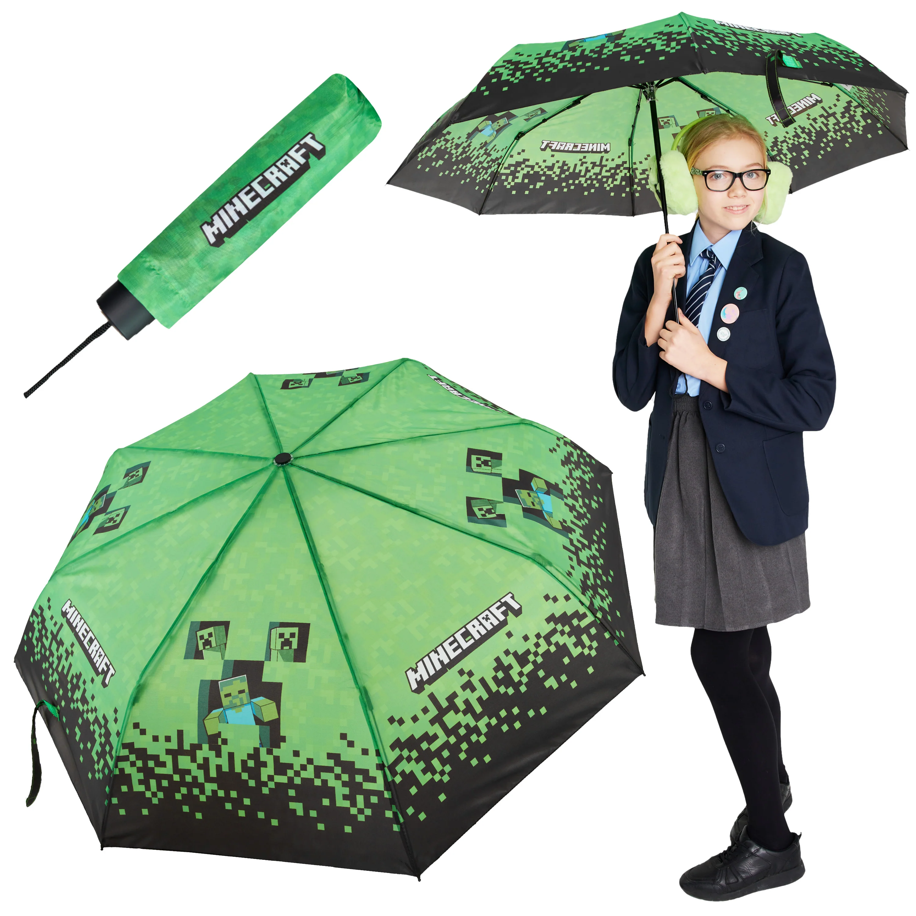 Minecraft Clear Dome Folding Umbrella for Kids - Telescopic, Windproof, Lightweight, and Fun Design - Ideal for Rainy Days