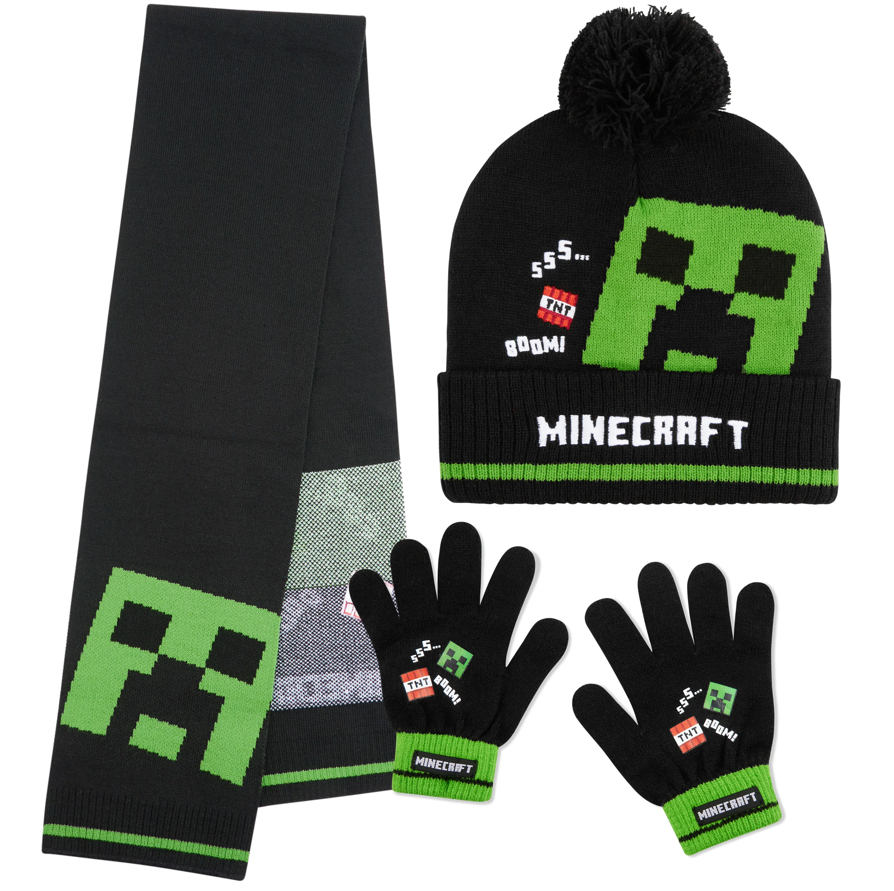 Minecraft Cold Weather Set - Creeper Beanie Hat Scarf and Gloves Set Kids Winter Set