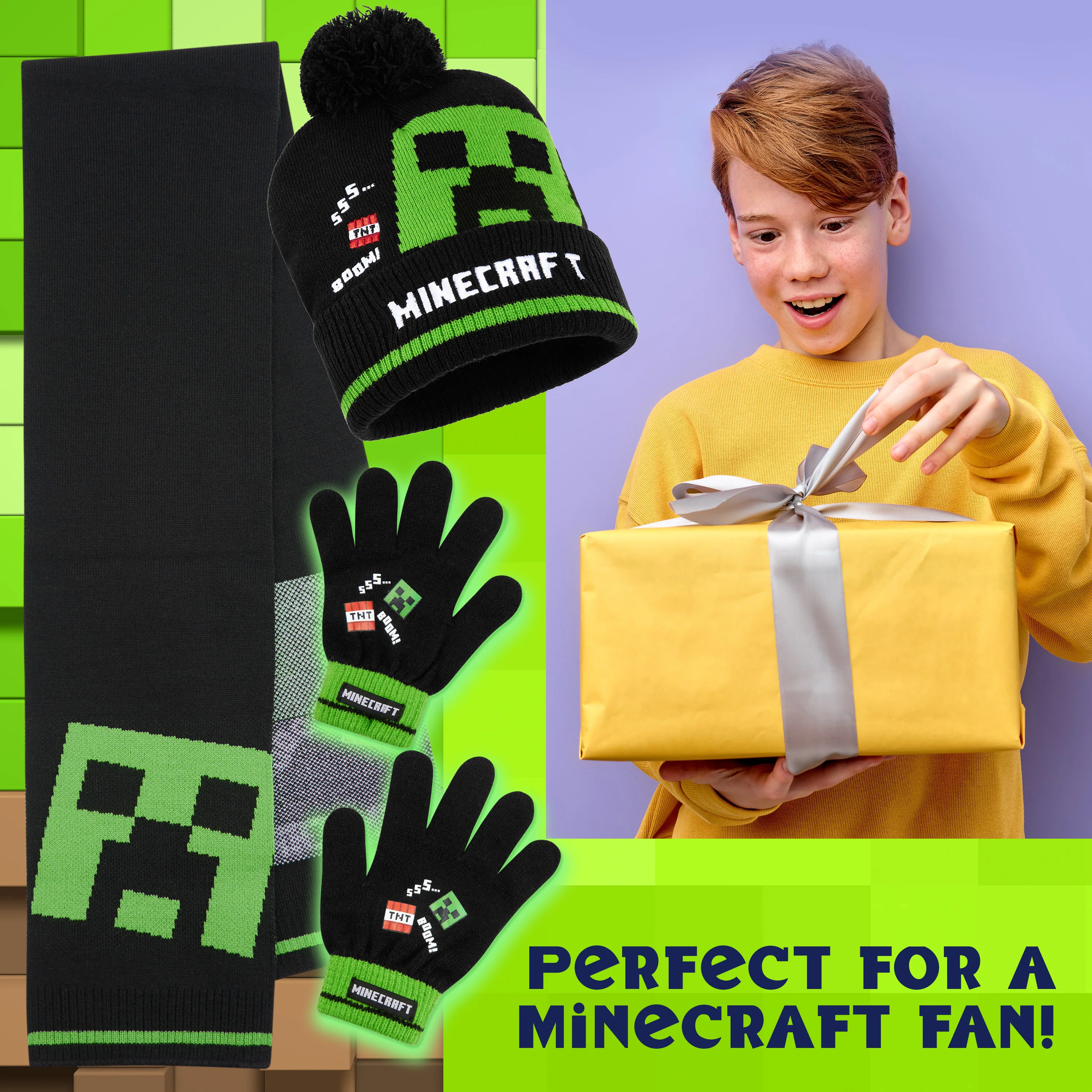 Minecraft Cold Weather Set - Creeper Beanie Hat Scarf and Gloves Set Kids Winter Set - Image 3